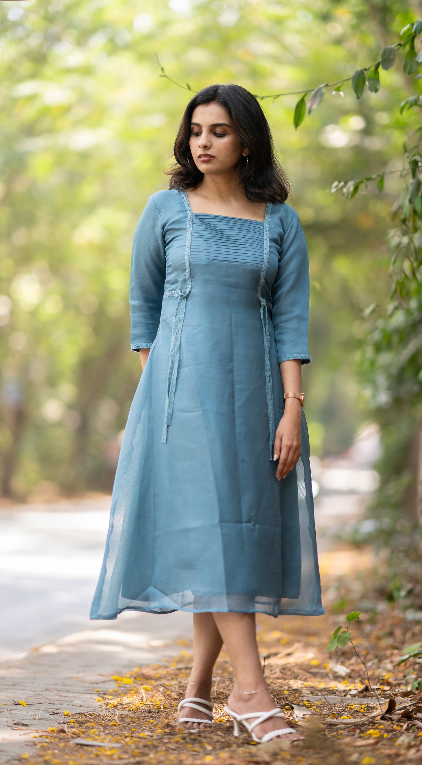 Steel blue shaded jute organza kurti with pleats and crochet lace detailing MBS-363