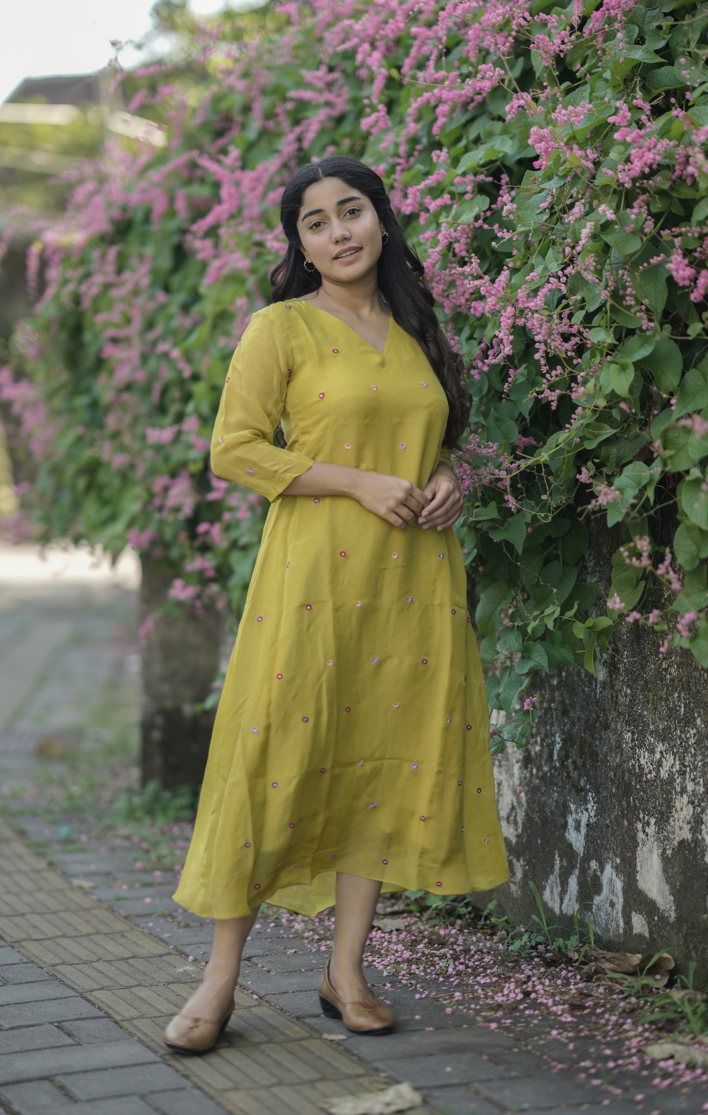 Sheen green viscose organza Aline kurti with multi colour floral embroidery detailings MBS-707