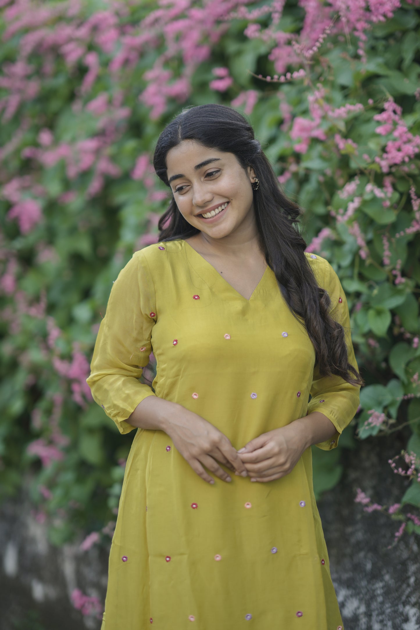 Sheen green viscose organza Aline kurti with multi colour floral embroidery detailings MBS-707