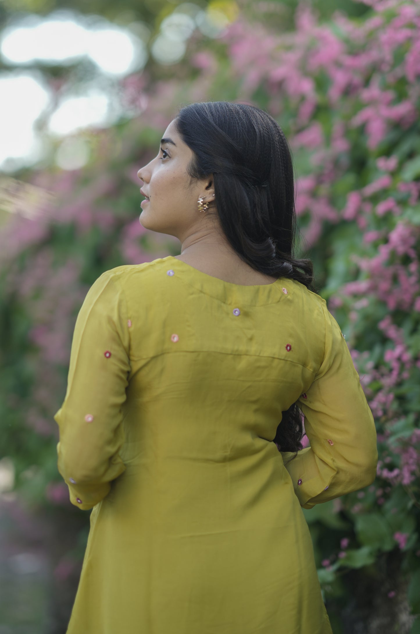 Sheen green viscose organza Aline kurti with multi colour floral embroidery detailings MBS-707