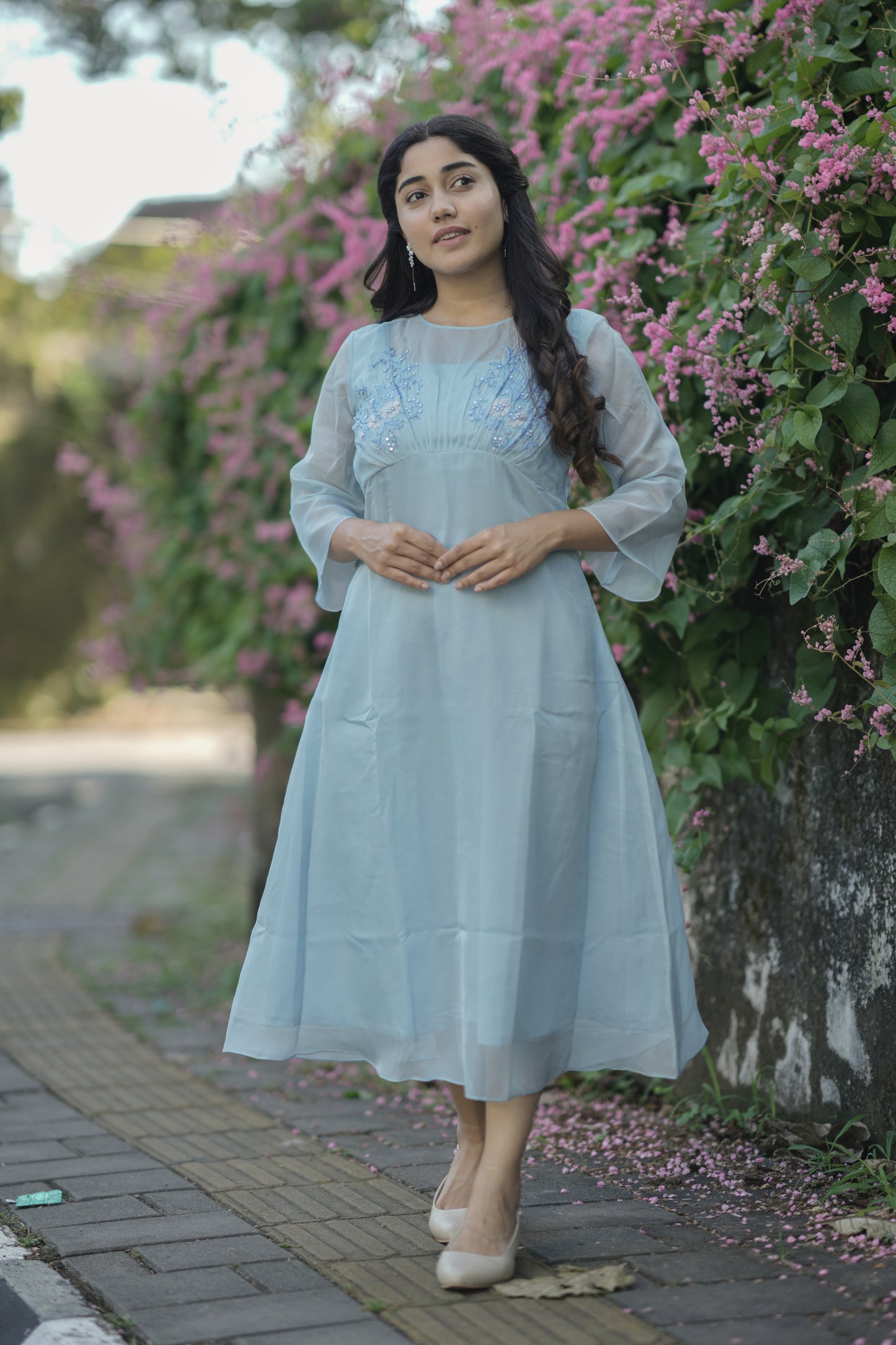 Blue soft organza kurti/dress with pleated yoke detailed with thread embroidery and sequins MBS-704