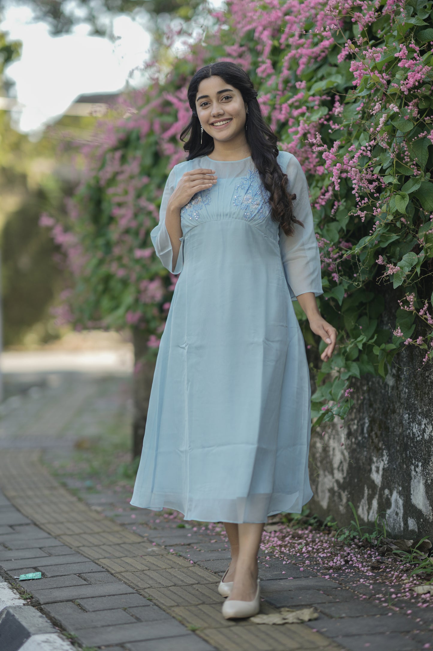 Blue soft organza kurti/dress with pleated yoke detailed with thread embroidery and sequins MBS-704