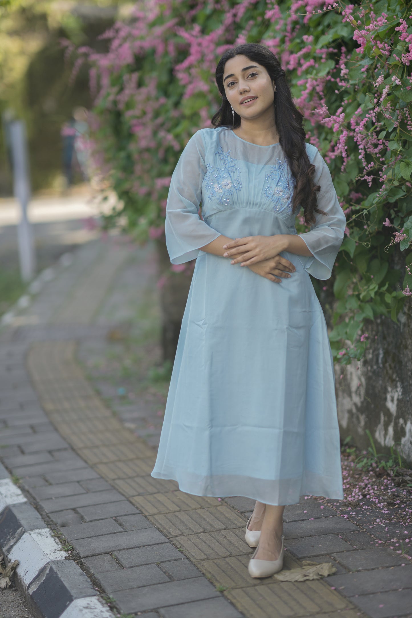Blue soft organza kurti/dress with pleated yoke detailed with thread embroidery and sequins MBS-704