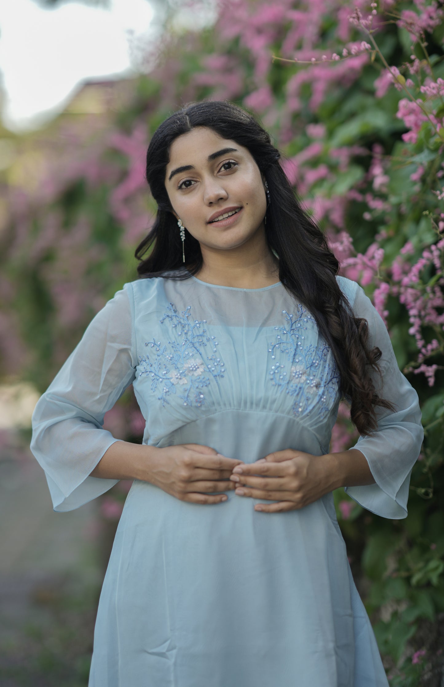 Blue soft organza kurti/dress with pleated yoke detailed with thread embroidery and sequins MBS-704