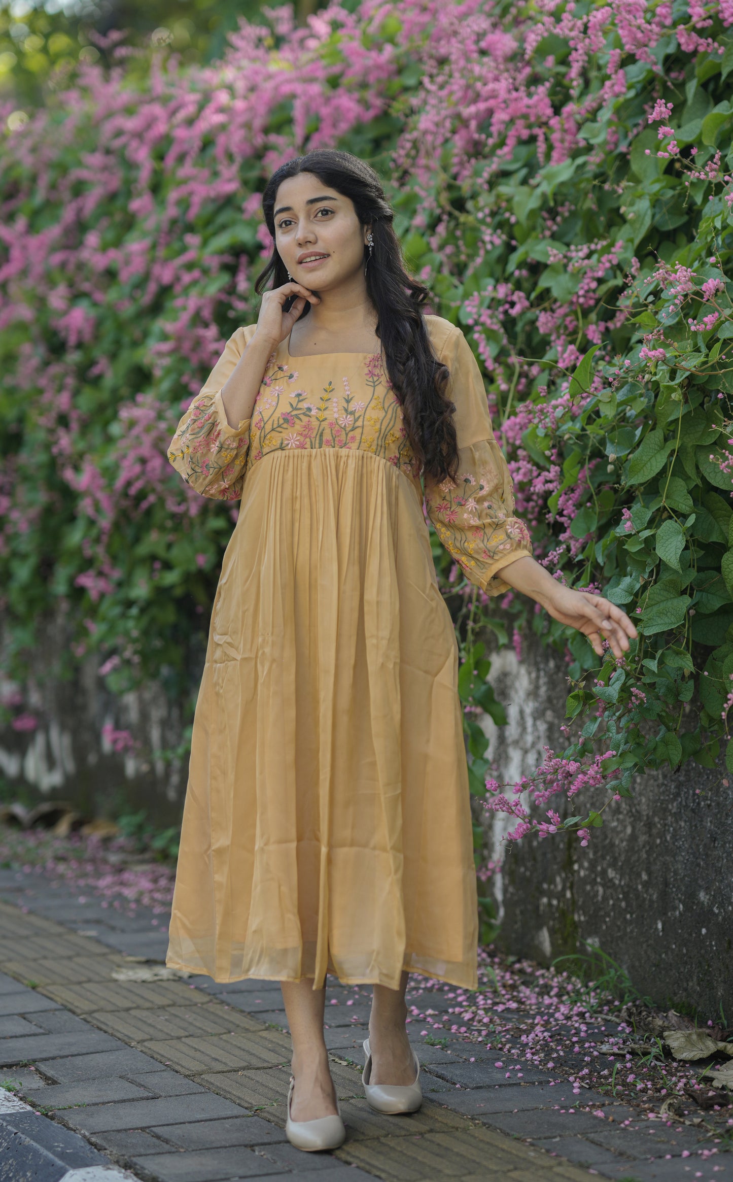 Sandal yellow soft organza kurti with floral embroidery detailings  on yoke and sleeves MBS-701