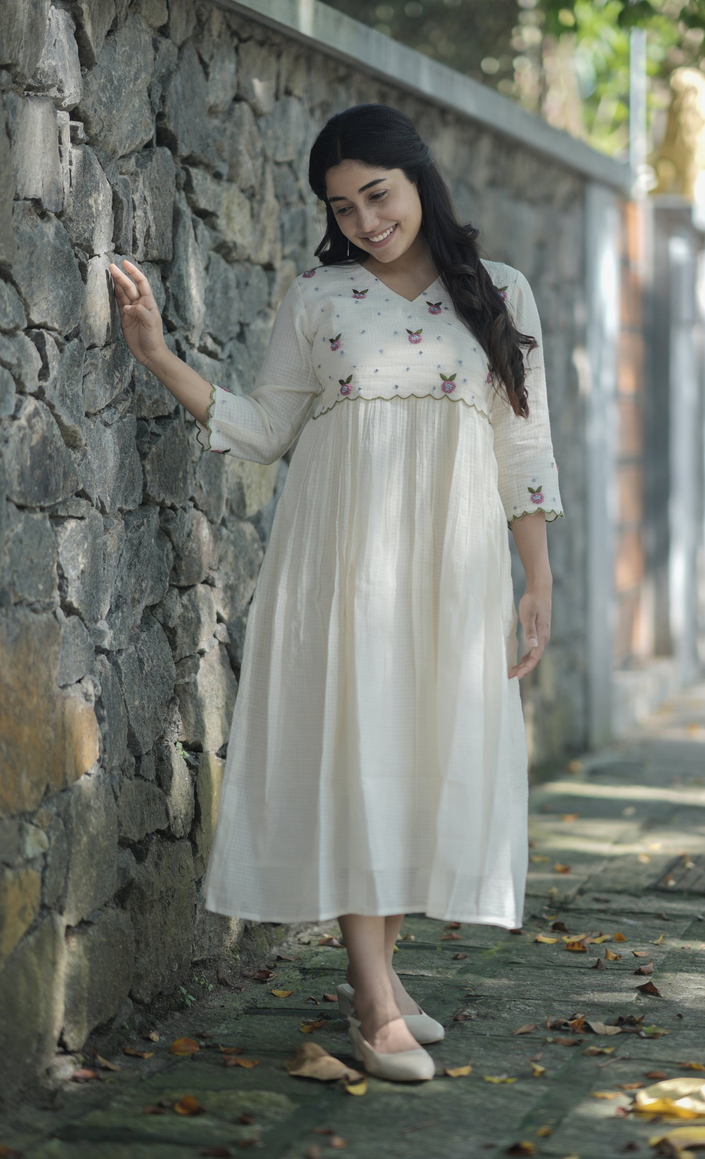 Off white soft cotton kota checks kurti/dress with overlapped yoke enriched with hand embroidery detailings MBS-708