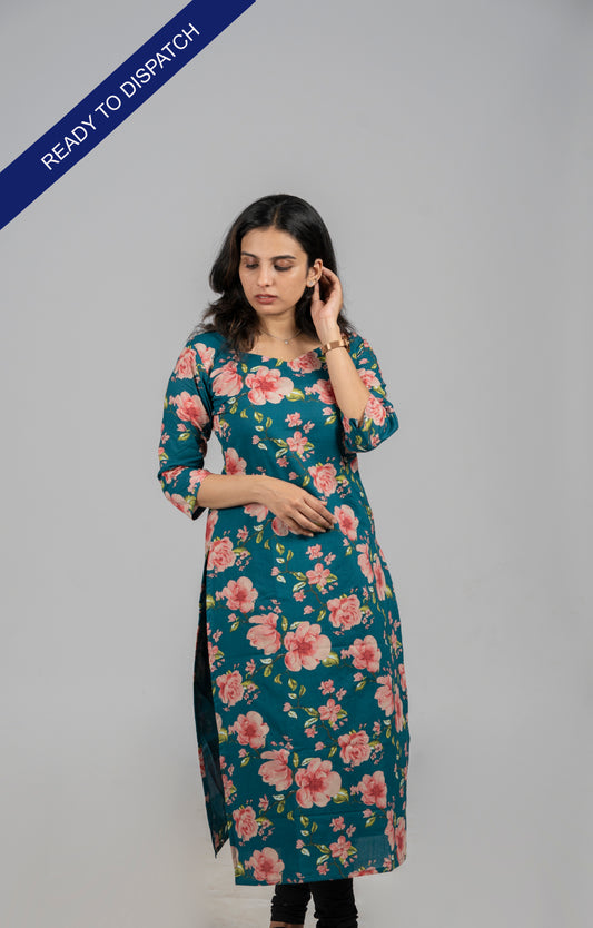 Pure cotton floral printed kurti in teal  *****Ready to dispatch*****