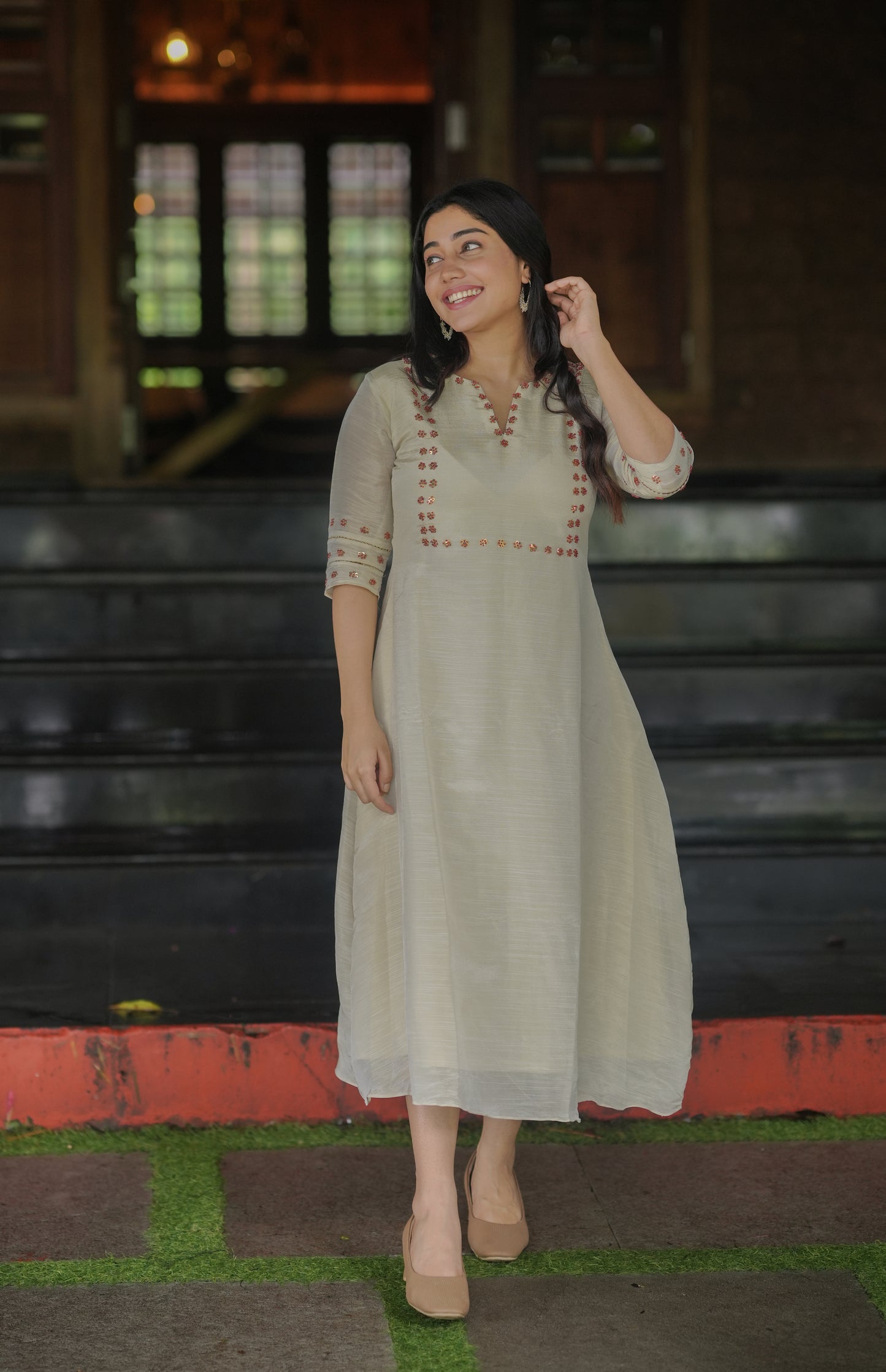 Pure slub tissue (dyeable) Aline  kurti with sequins and sugar beads detailing on yoke and sleeves MBS-622