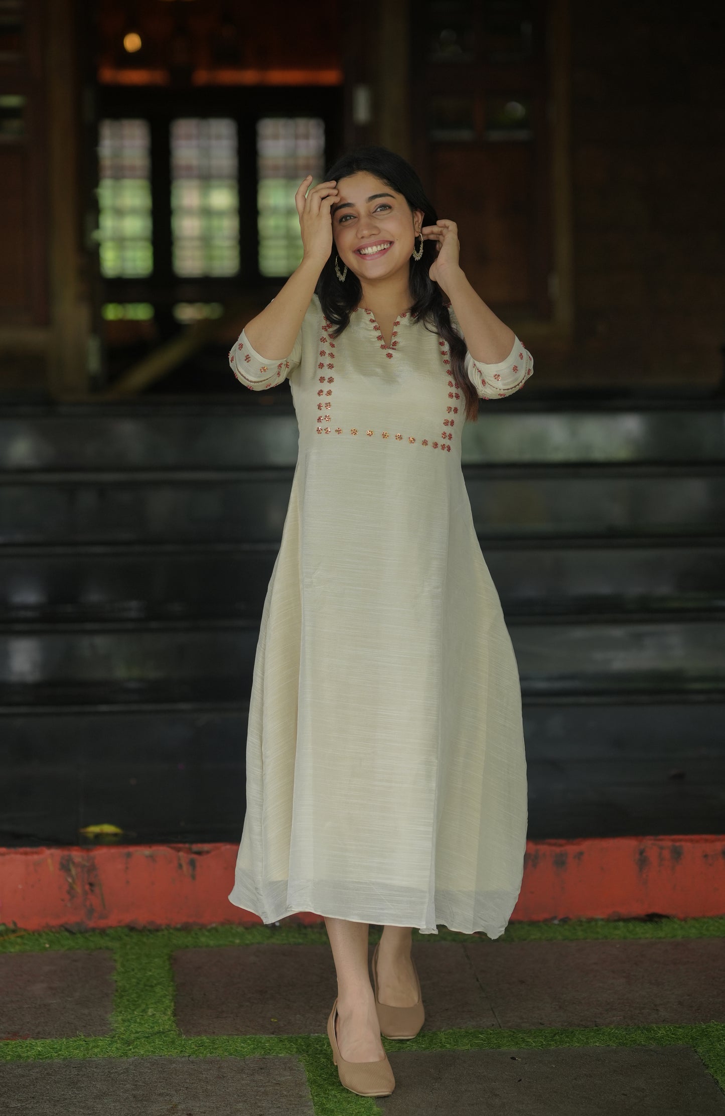Pure slub tissue (dyeable) Aline  kurti with sequins and sugar beads detailing on yoke and sleeves MBS-622