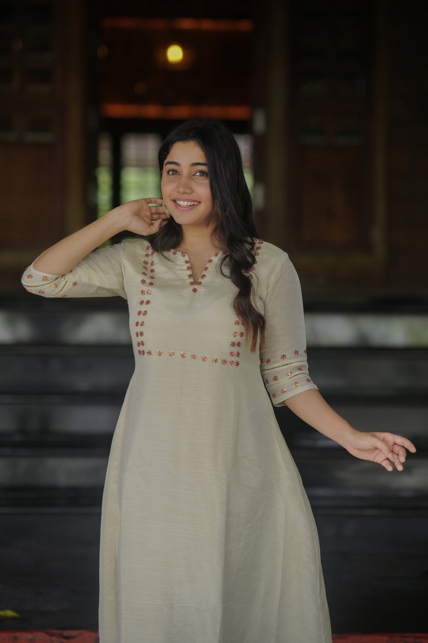 Pure slub tissue (dyeable) Aline  kurti with sequins and sugar beads detailing on yoke and sleeves MBS-622