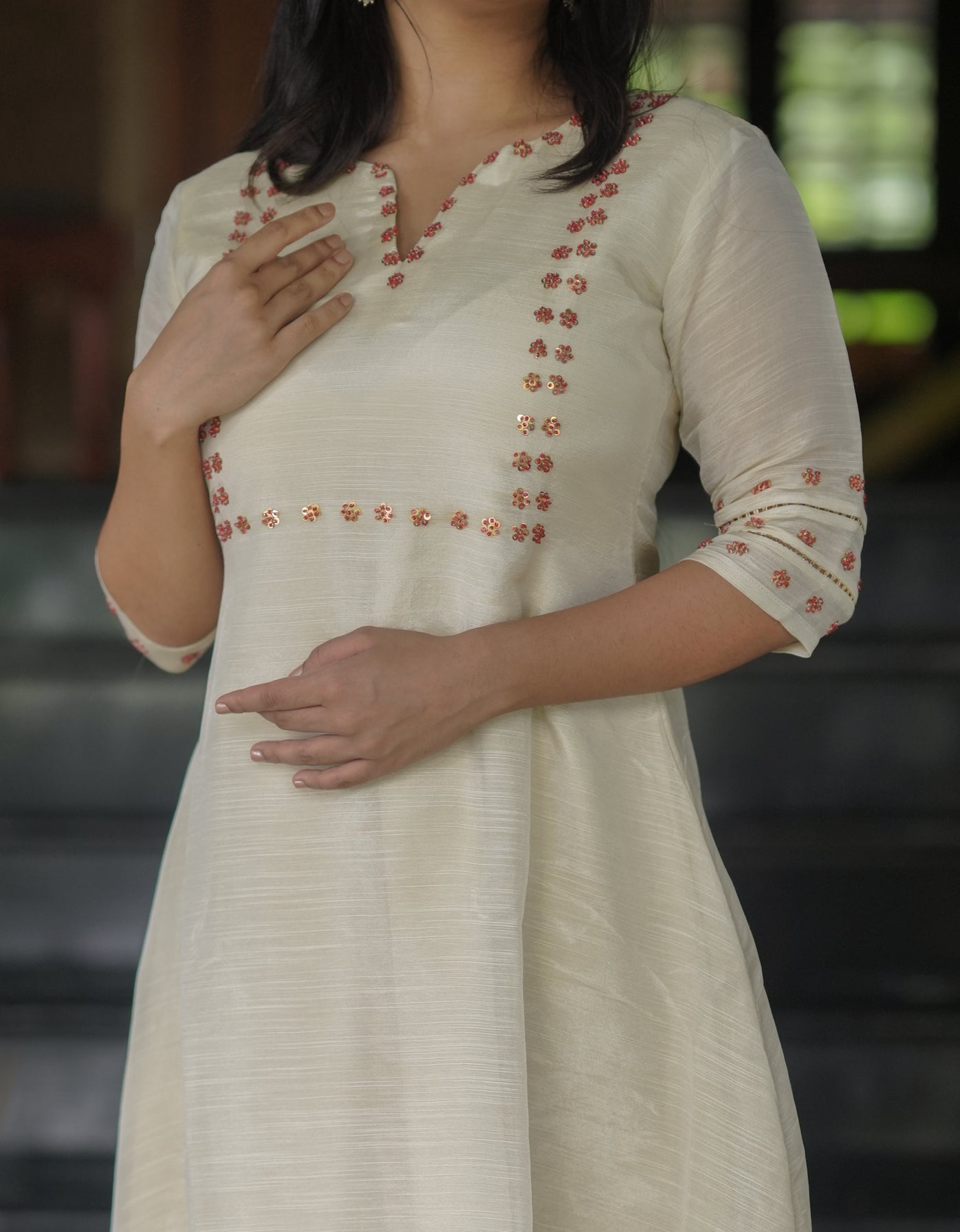 Pure slub tissue (dyeable) Aline  kurti with sequins and sugar beads detailing on yoke and sleeves MBS-622