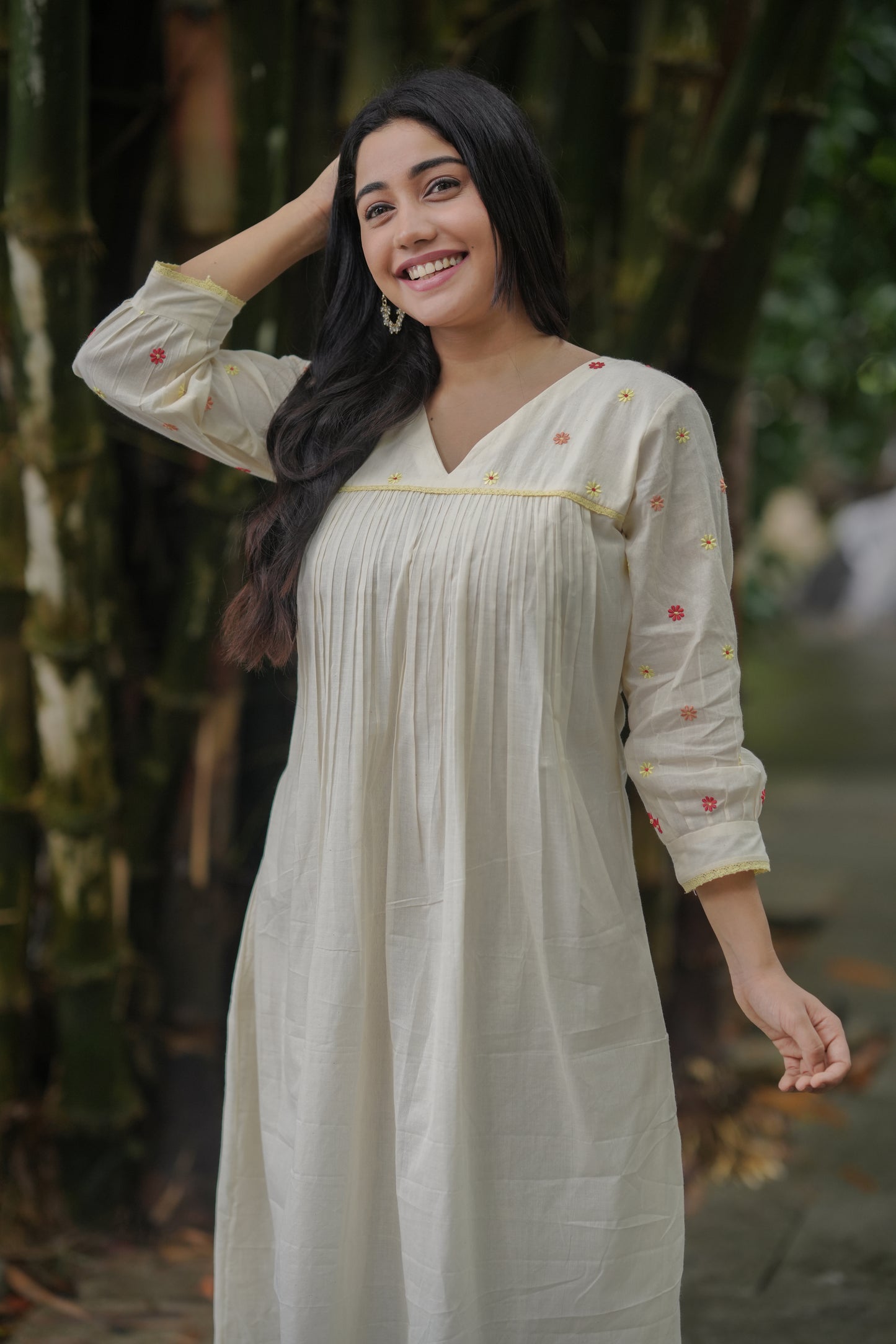 Kora cotton Aline kurti/dress with multi shaded floral embroidery and crochet lace  detailings MBS-621