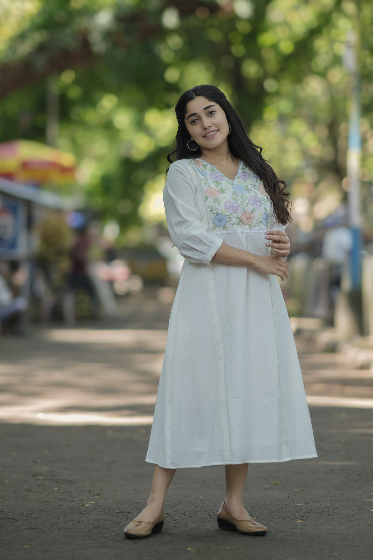 White cotton flex kurti with multicolour thread embroidery on yoke MBS-712