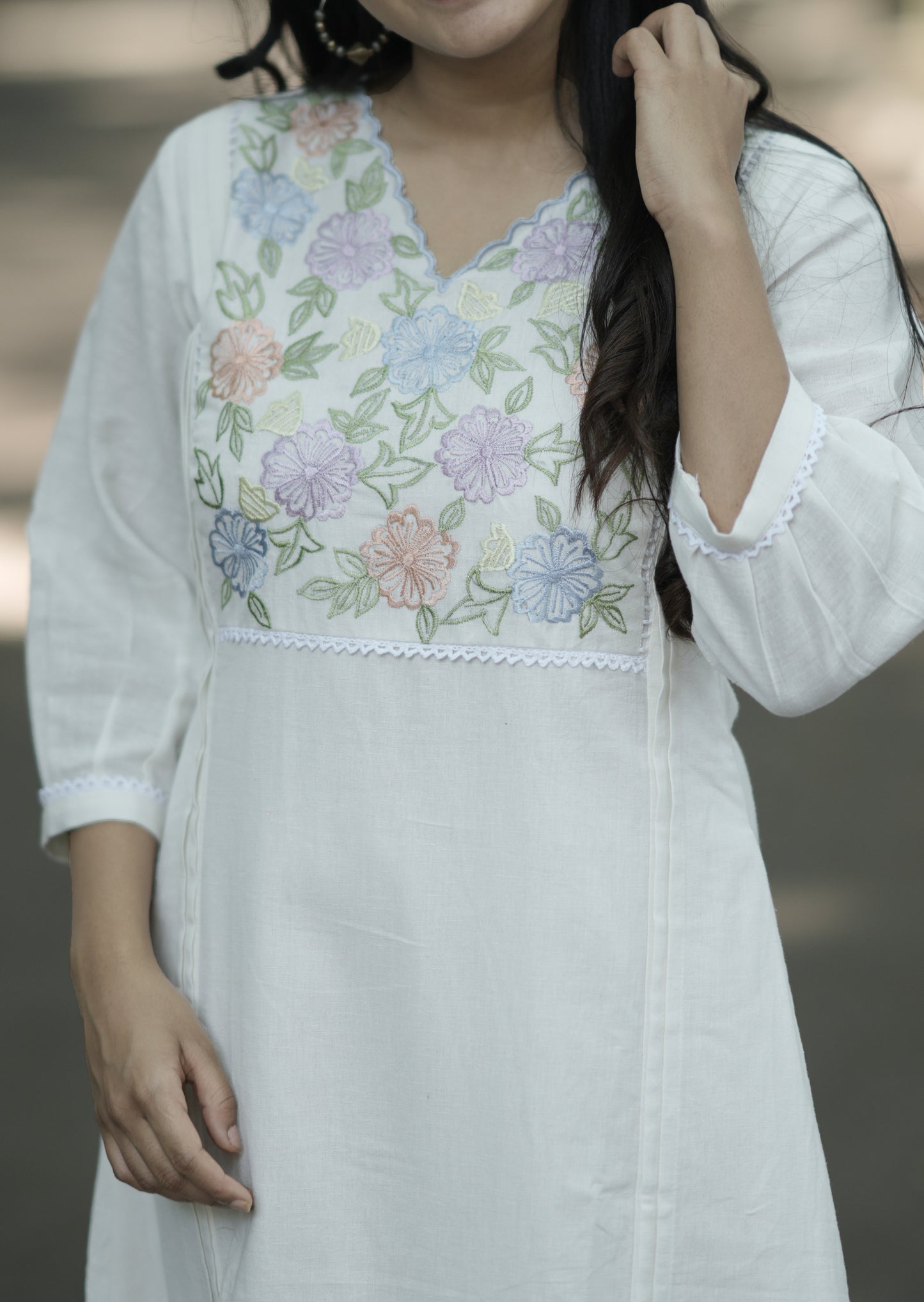 White cotton flex kurti with multicolour thread embroidery on yoke MBS-712