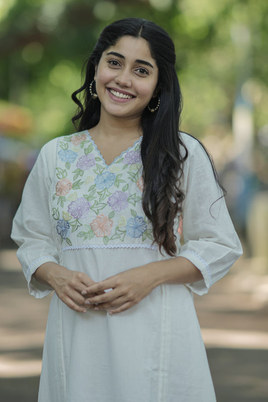 White cotton flex kurti with multicolour thread embroidery on yoke MBS-712 ***Ready to dispatch***