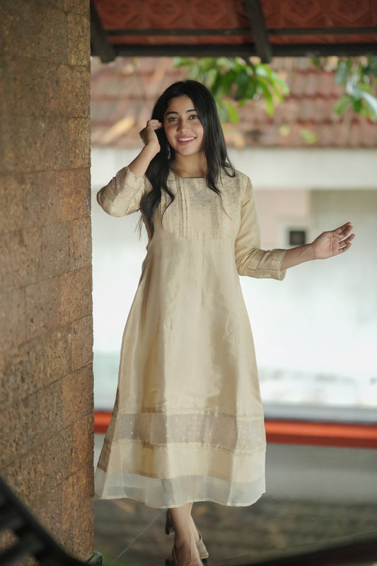 Tissue jute organza  kurti/dress in golden shade MBS-634