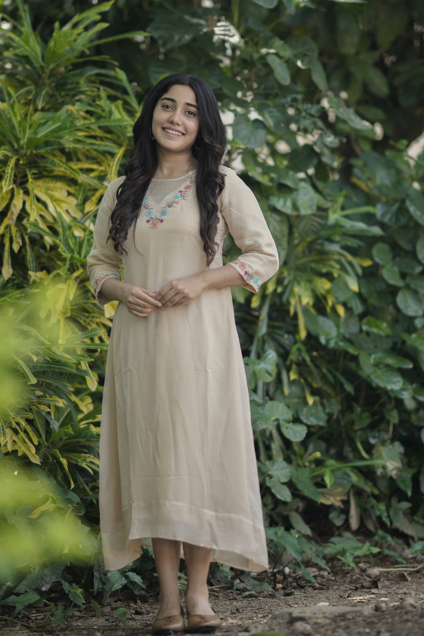 Soft beige viscose organza Aline kurti with handworked neckline MBS-713