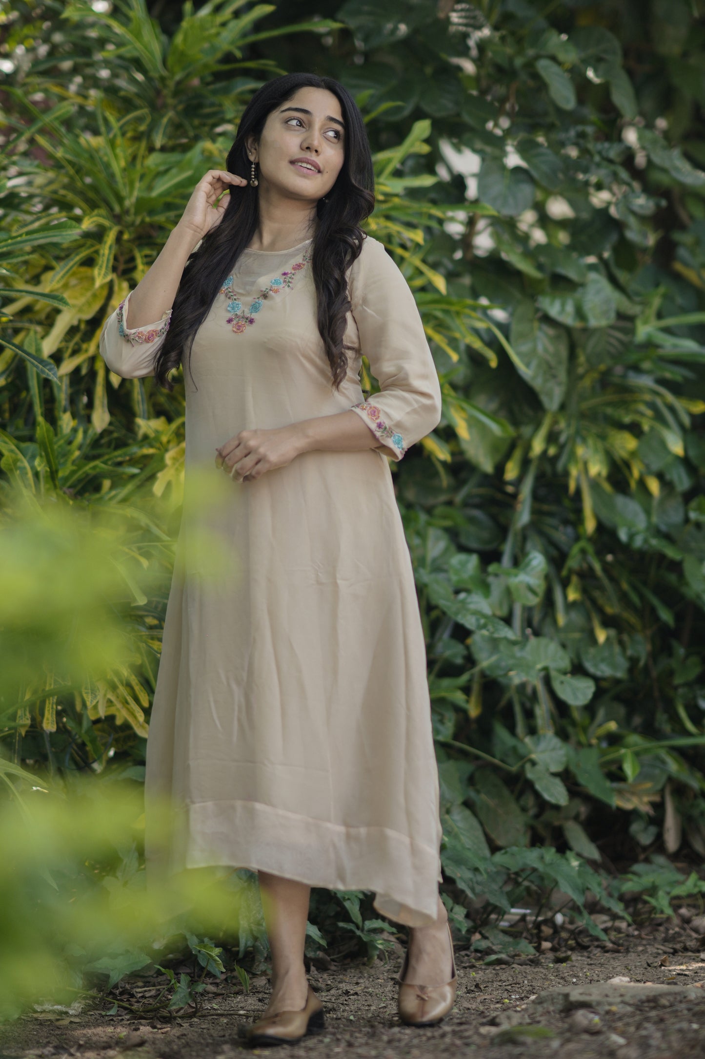 Soft beige viscose organza Aline kurti with handworked neckline MBS-713