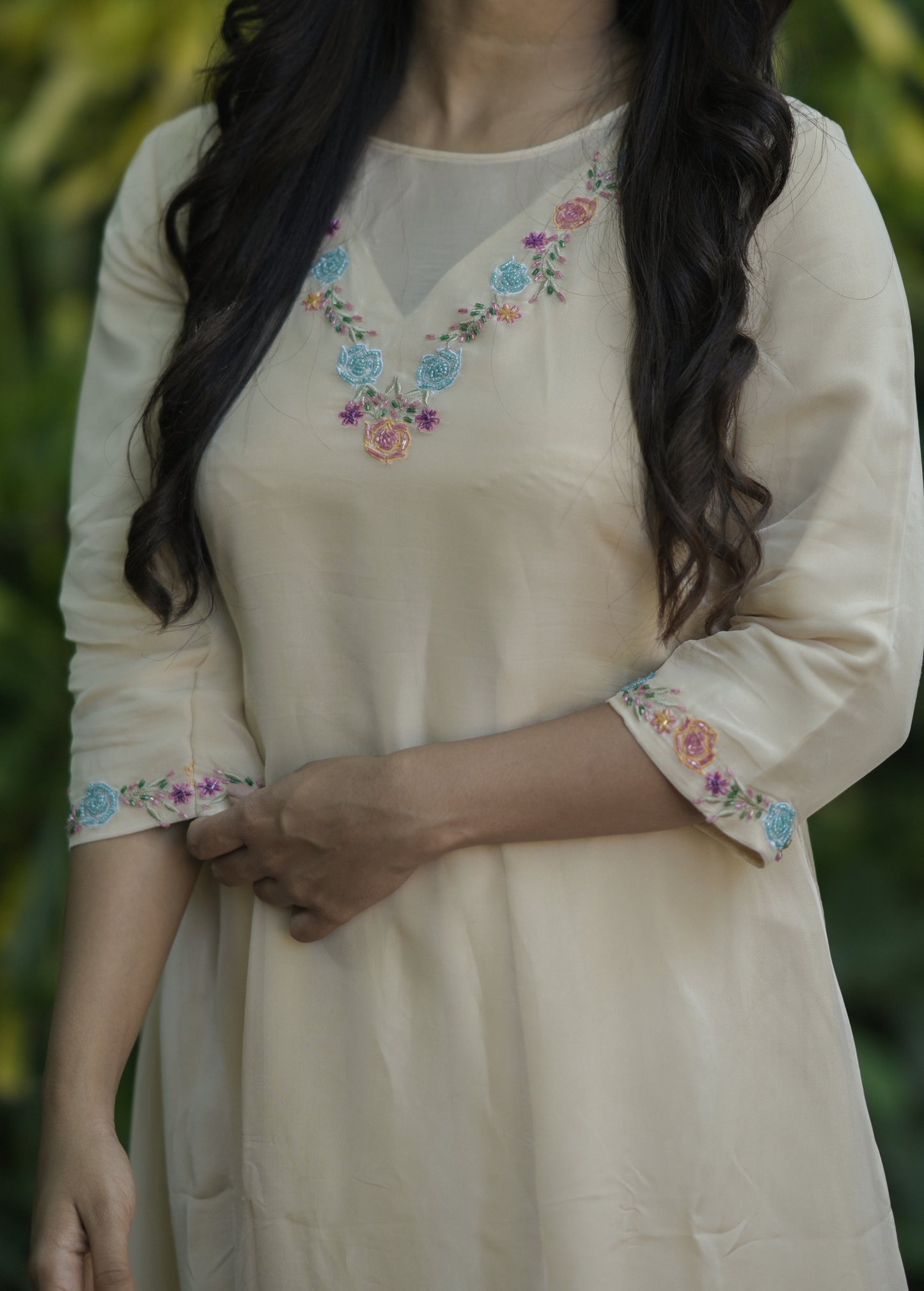 Soft beige viscose organza Aline kurti with handworked neckline MBS-713