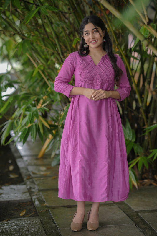 Pure viscose mul chanderi Aline kurti with pleated and lace detailed yoke in magenta shade  MBS-653