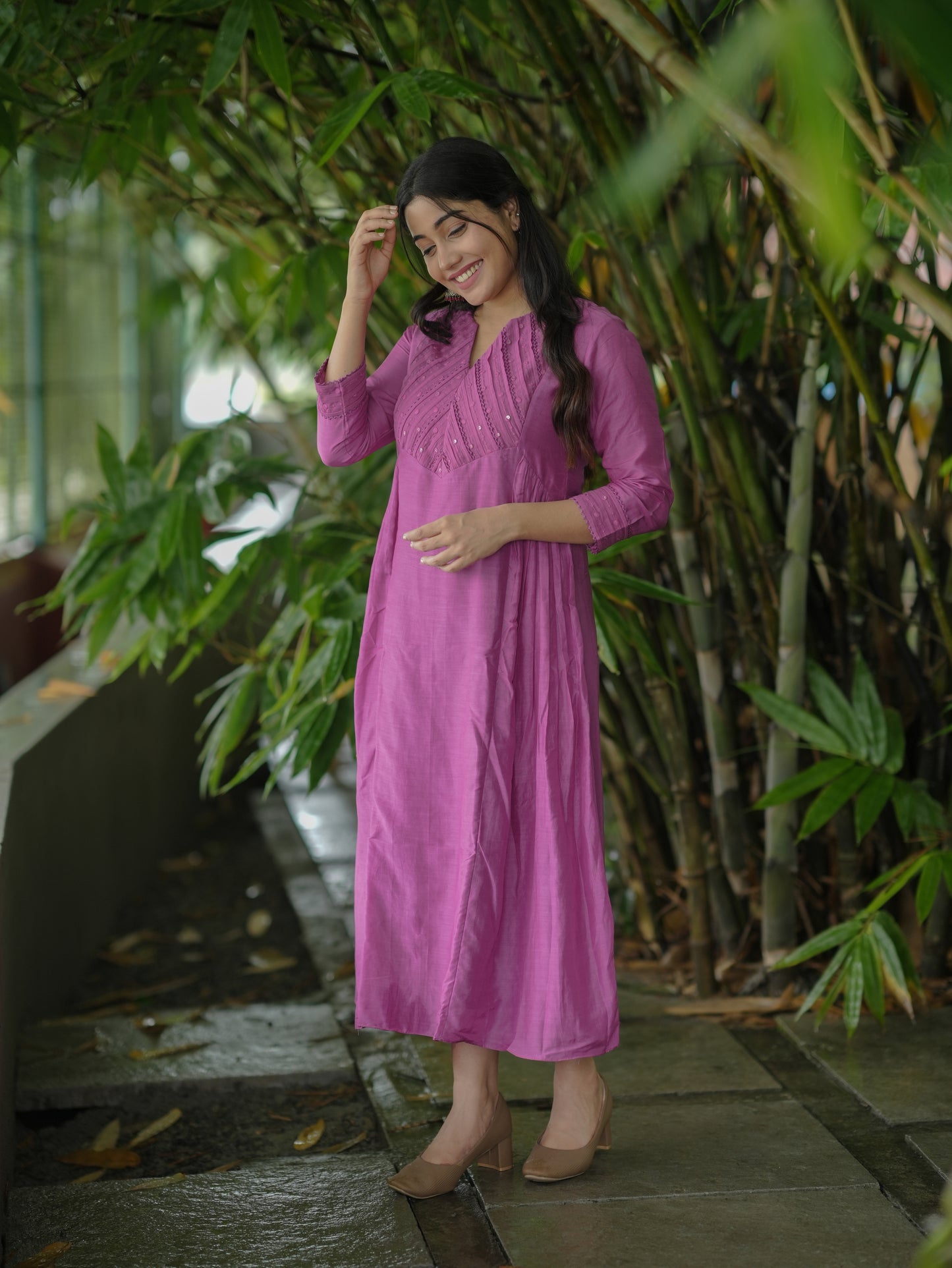 Pure viscose mul chanderi Aline kurti with pleated and lace detailed yoke in magenta shade  MBS-653