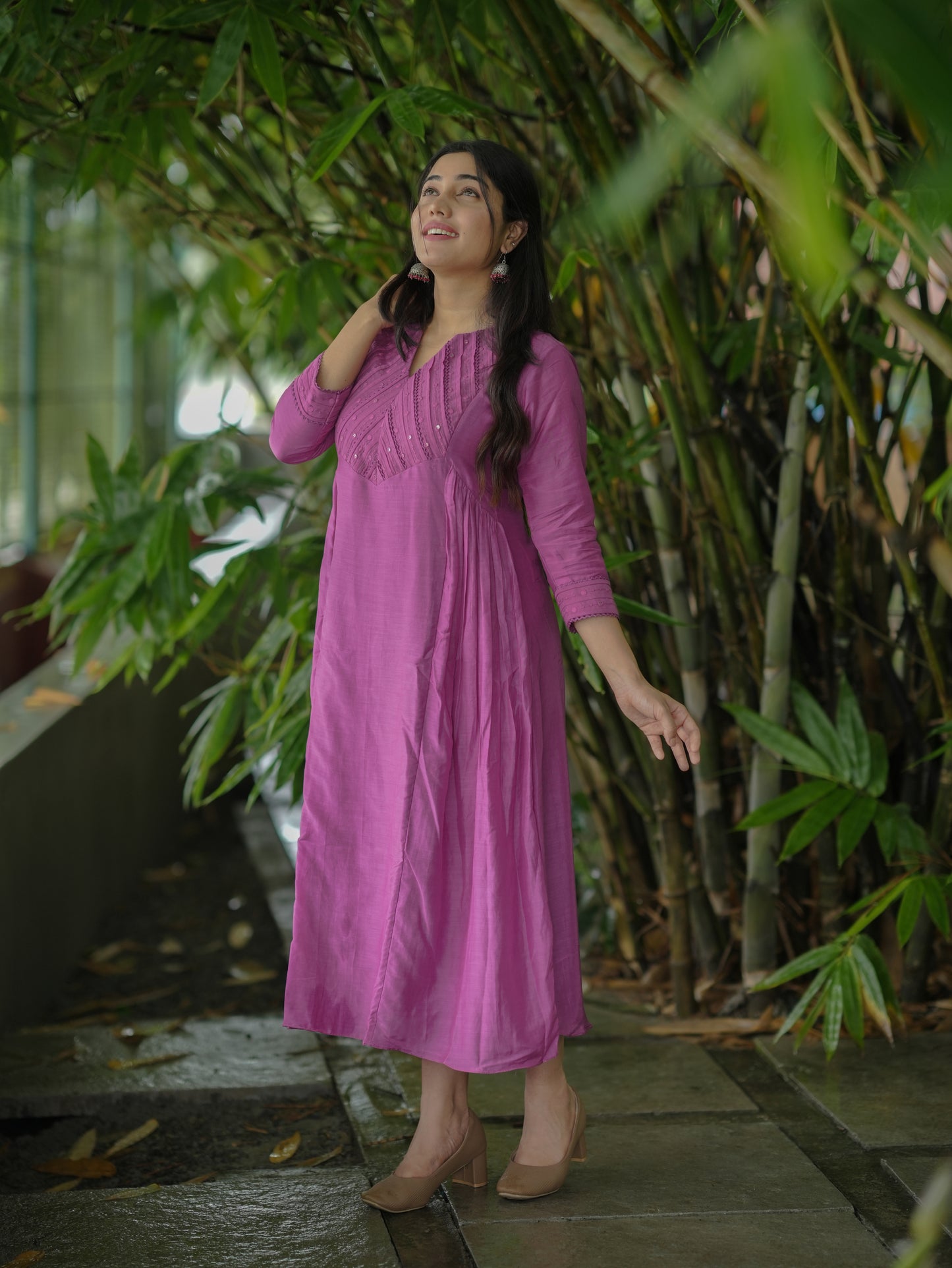 Pure viscose mul chanderi Aline kurti with pleated and lace detailed yoke in magenta shade  MBS-653