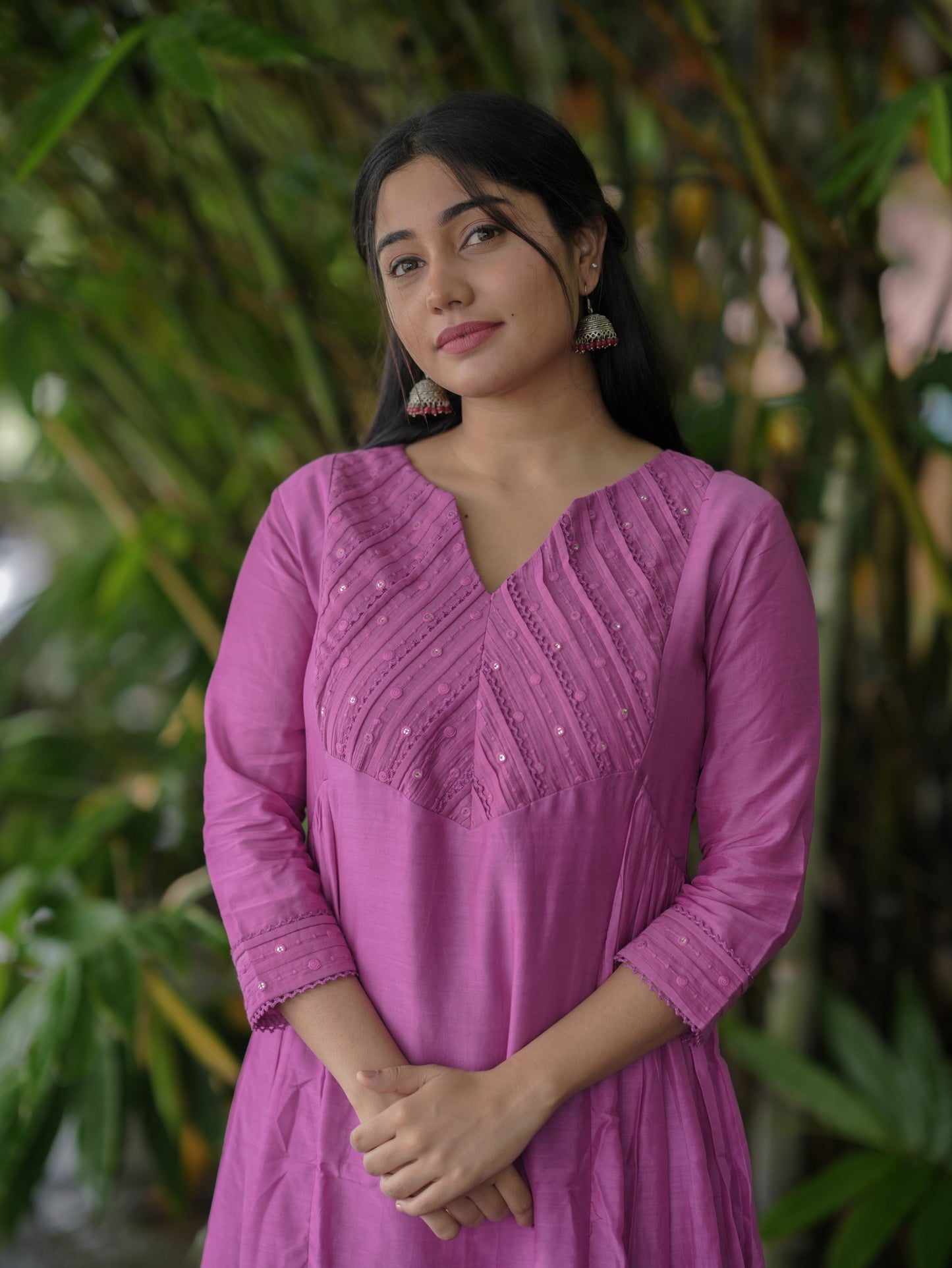 Pure viscose mul chanderi Aline kurti with pleated and lace detailed yoke in magenta shade  MBS-653