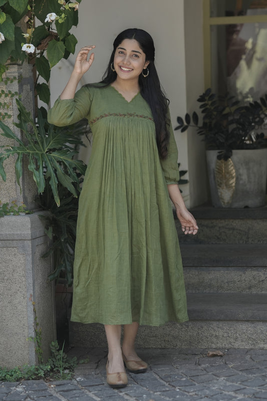 Green soft cotton kota checks kurti with scallopped neck and embroidered yoke MBS-694