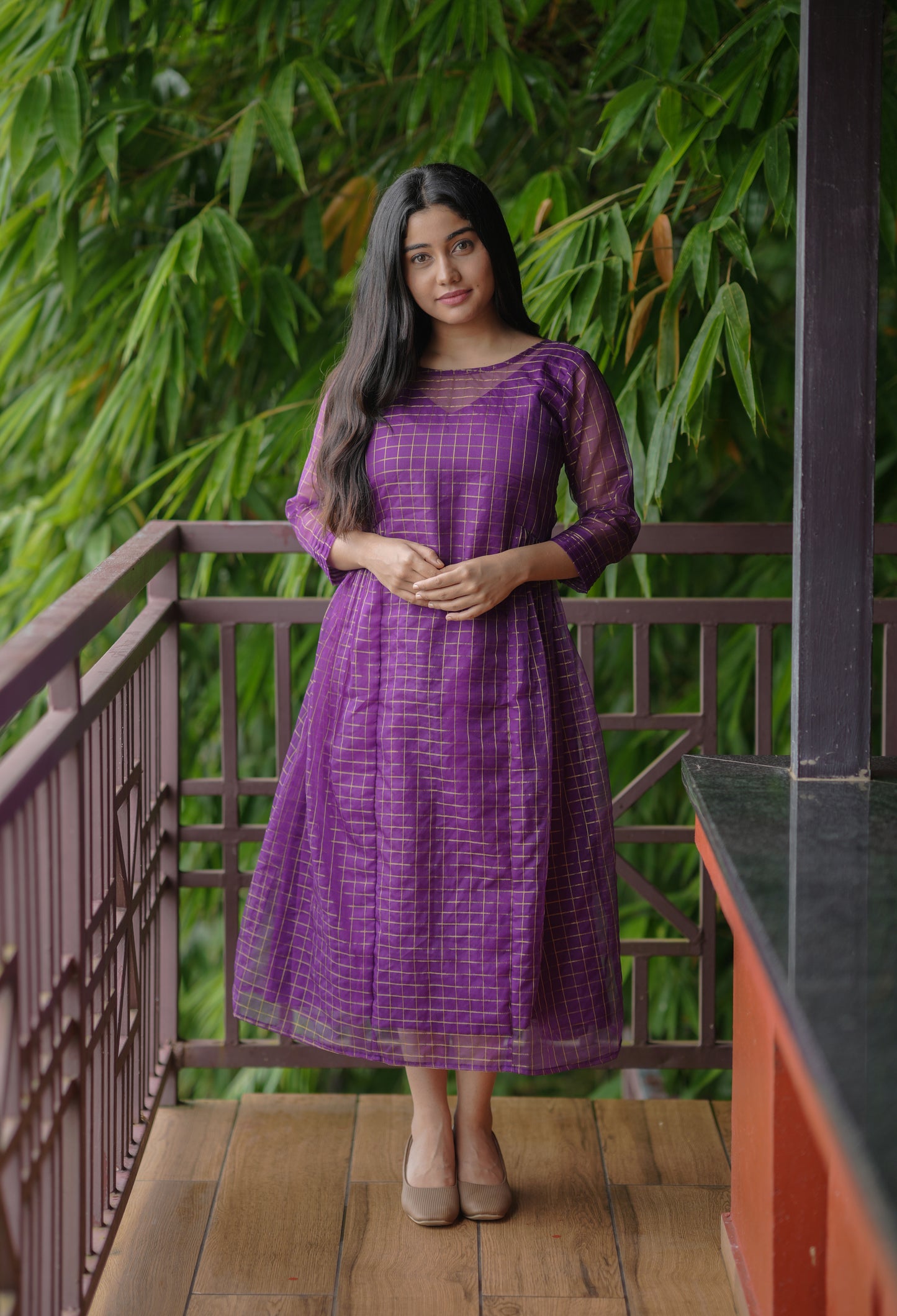 Golden checked organza kurti in purple shade MBS-617