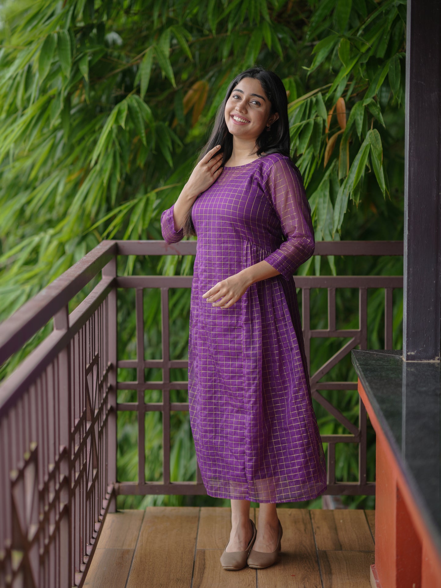 Golden checked organza kurti in purple shade MBS-617