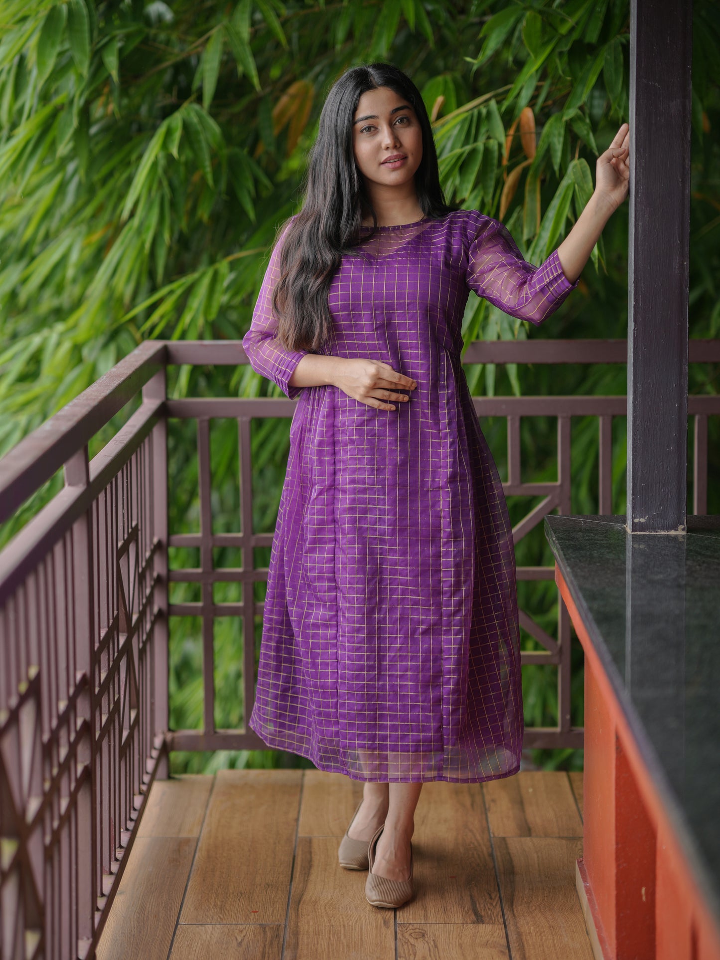 Golden checked organza kurti in purple shade MBS-617