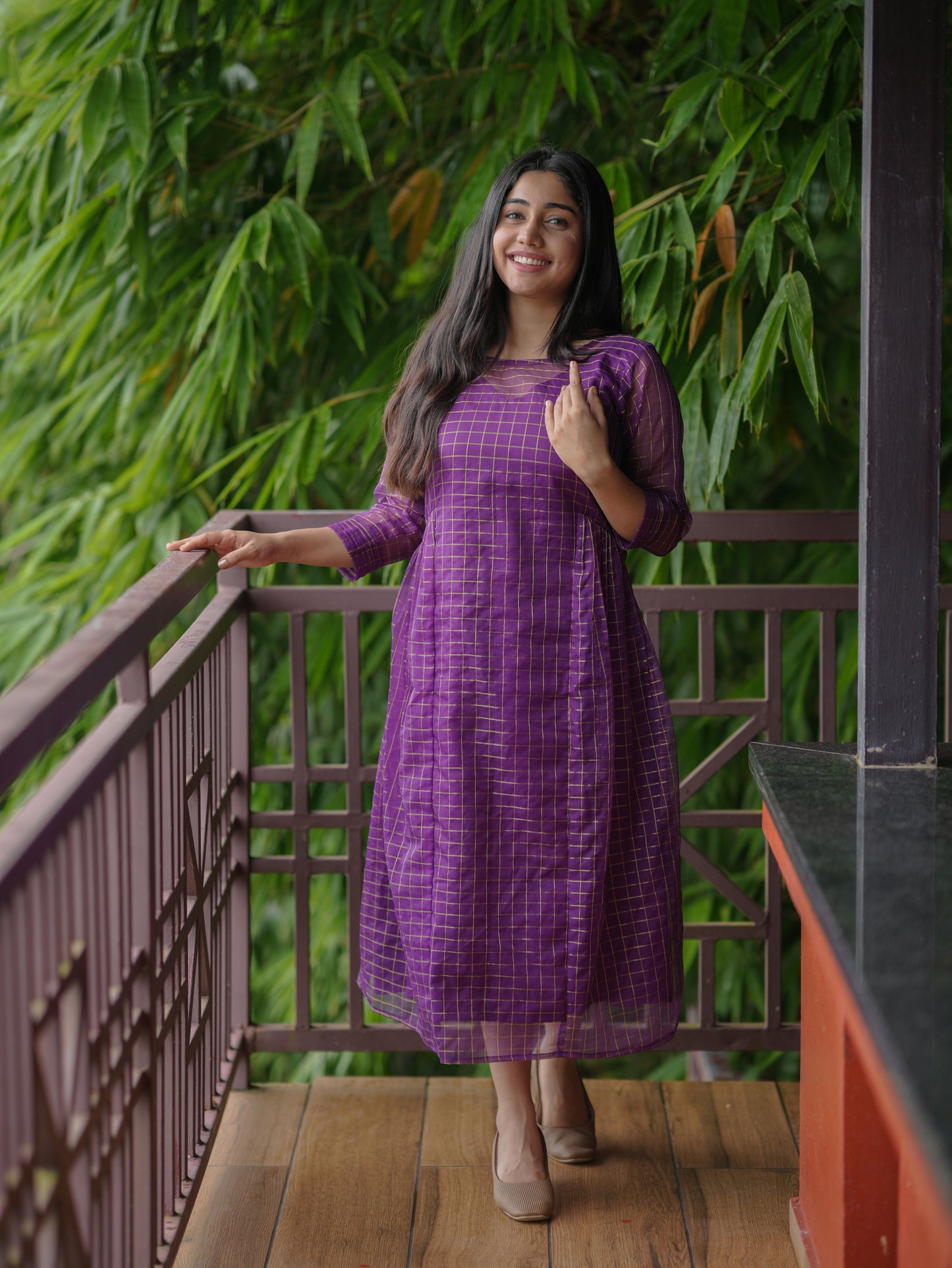Golden checked organza kurti in purple shade MBS-617