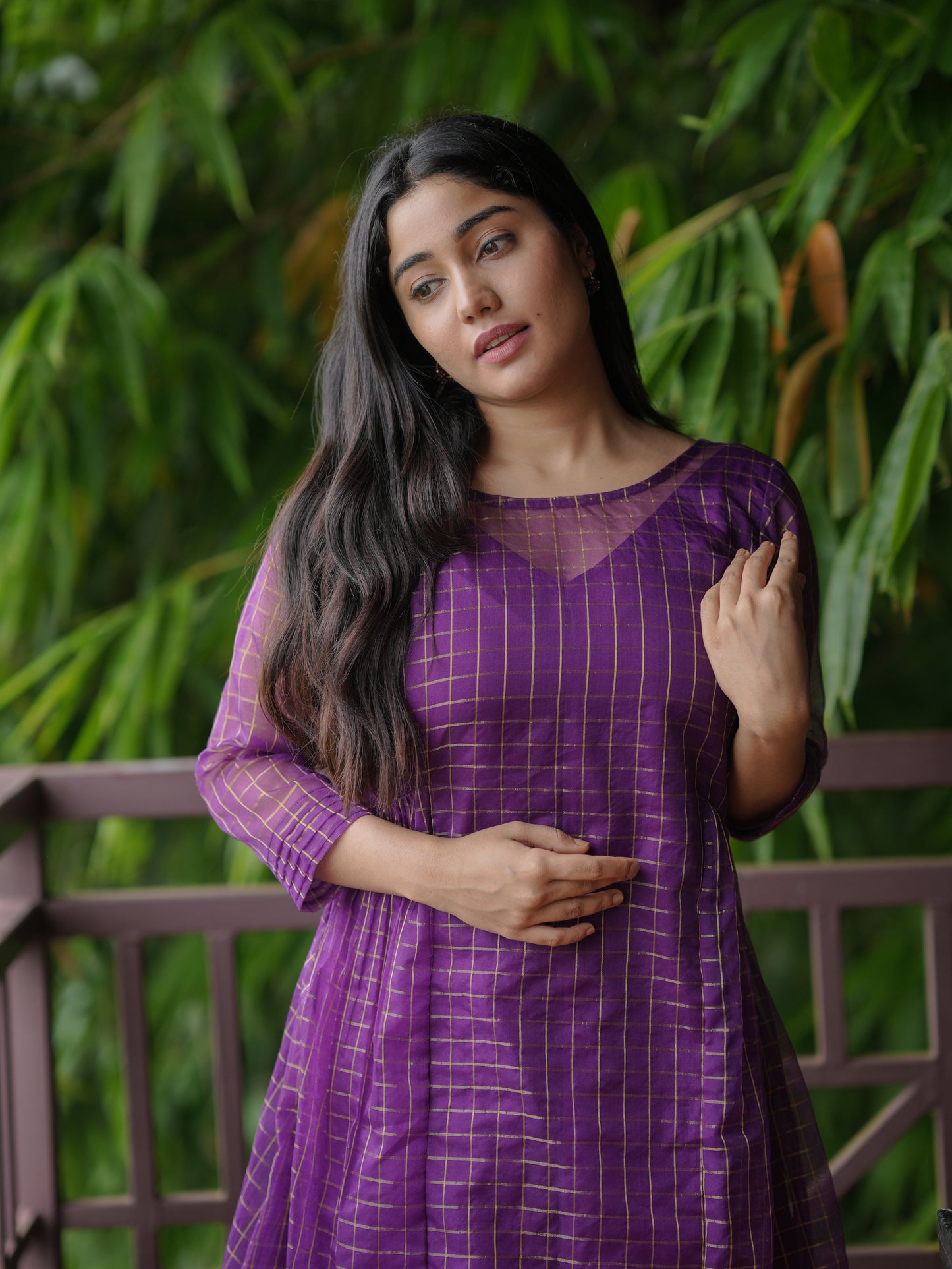 Golden checked organza kurti in purple shade MBS-617