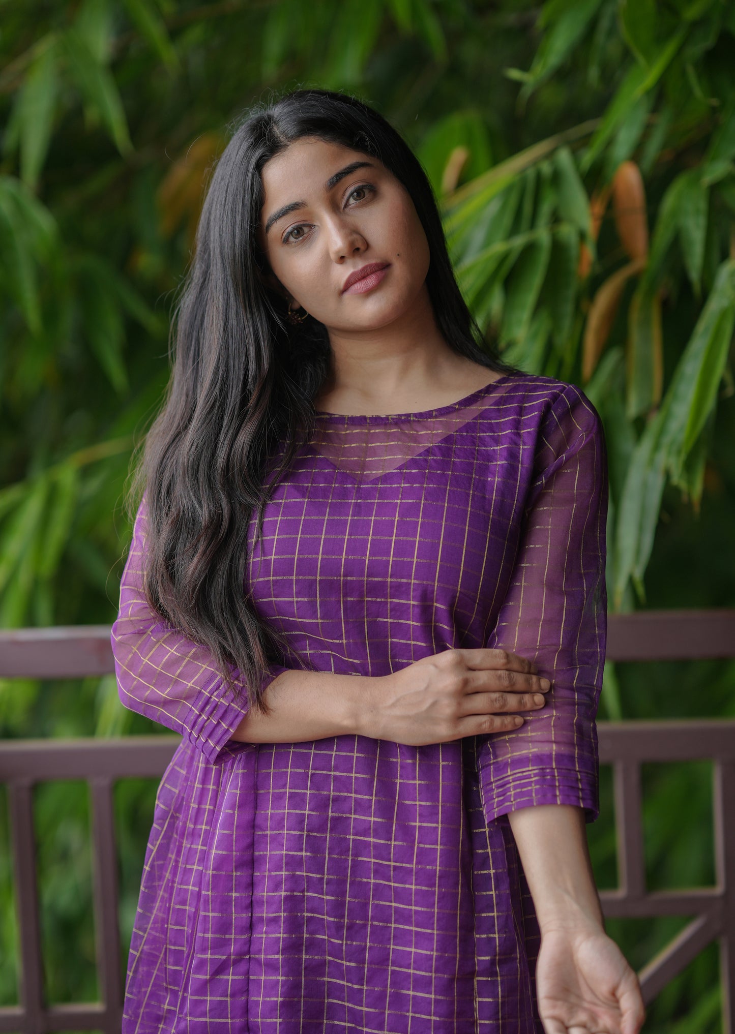 Golden checked organza kurti in purple shade MBS-617
