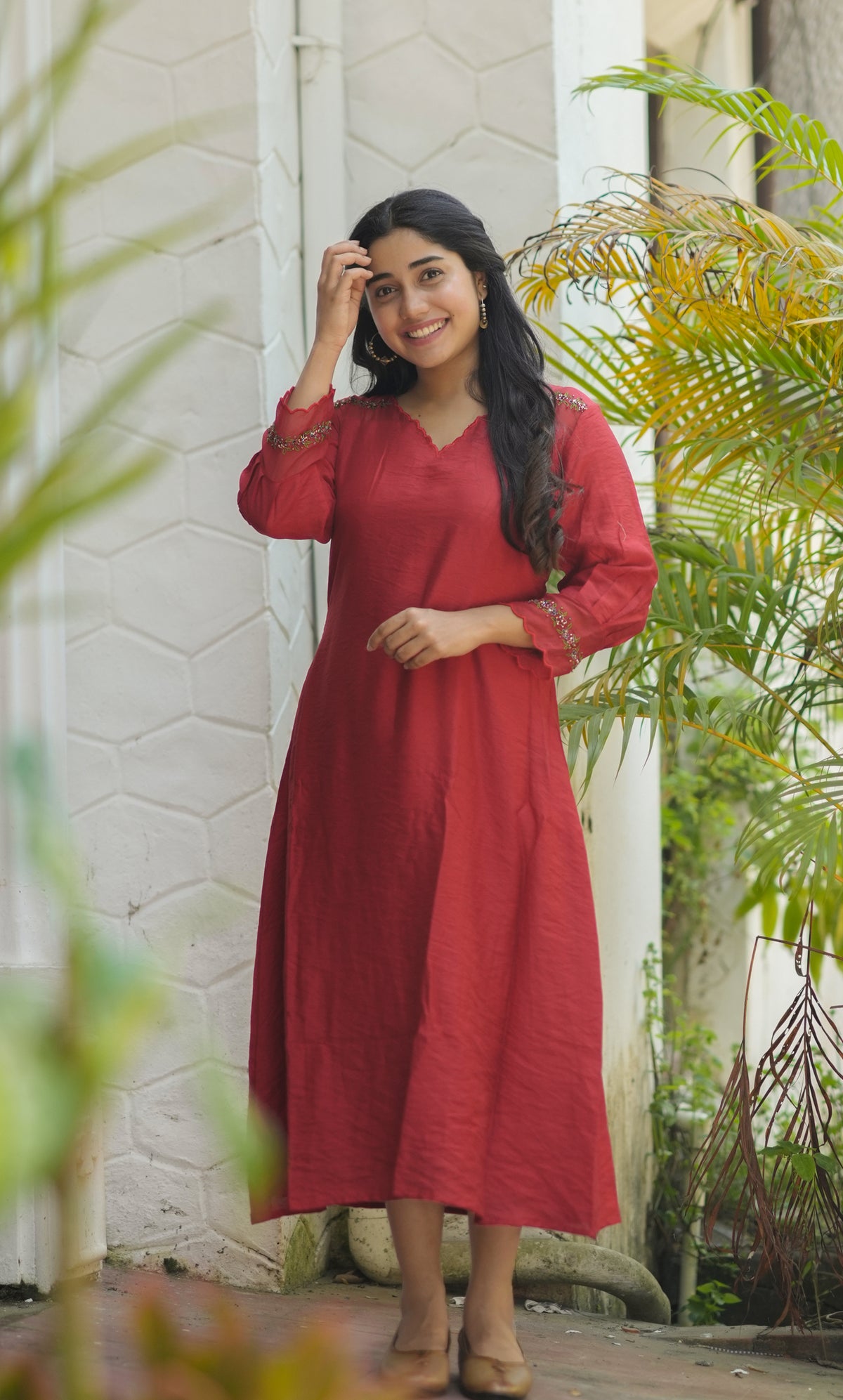 Red viscose organza kurti with scalloped neckline and handwork detailings on shoulder and sleeves MBS-1056 **last piece sale**