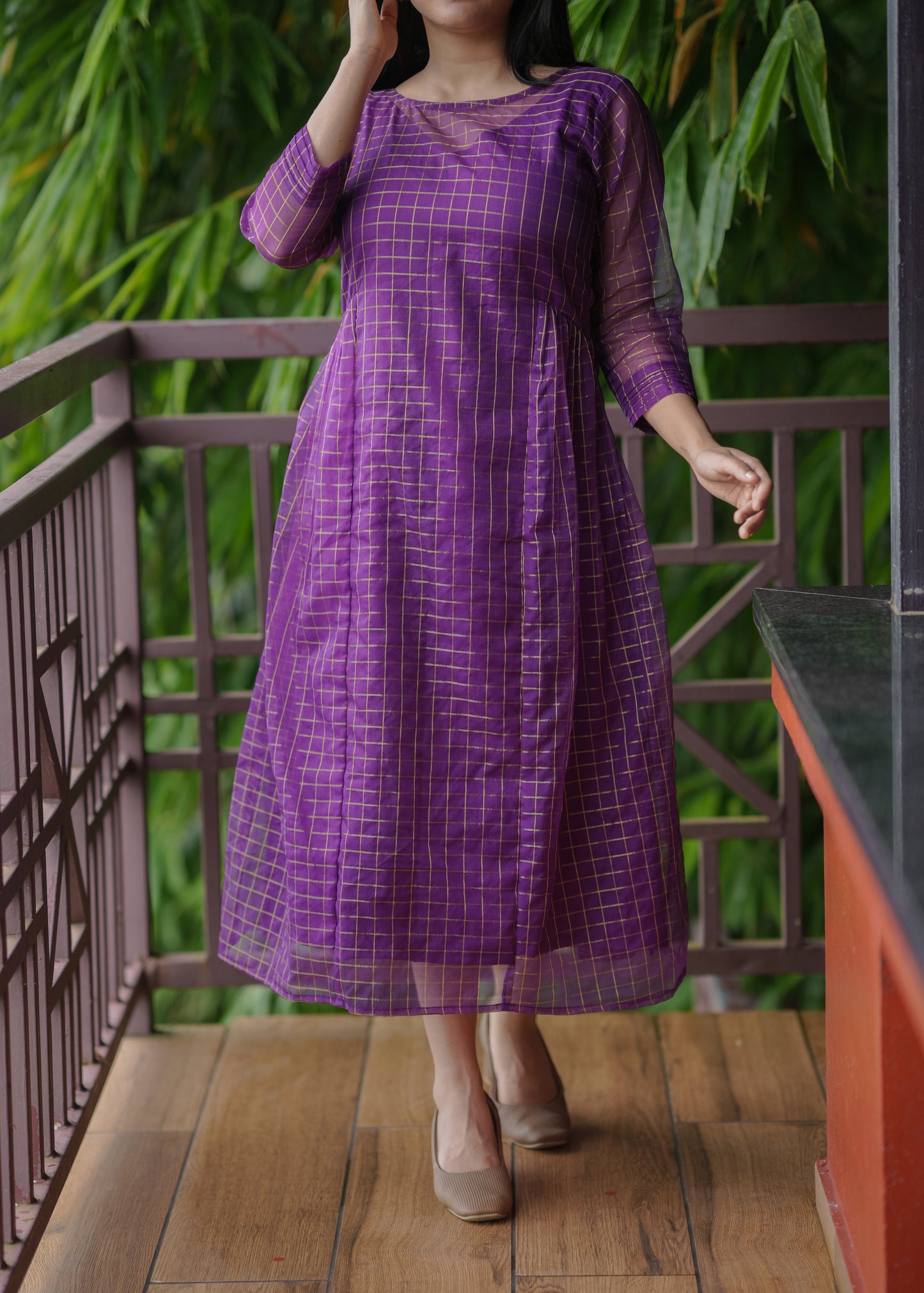 Golden checked organza kurti in purple shade MBS-617