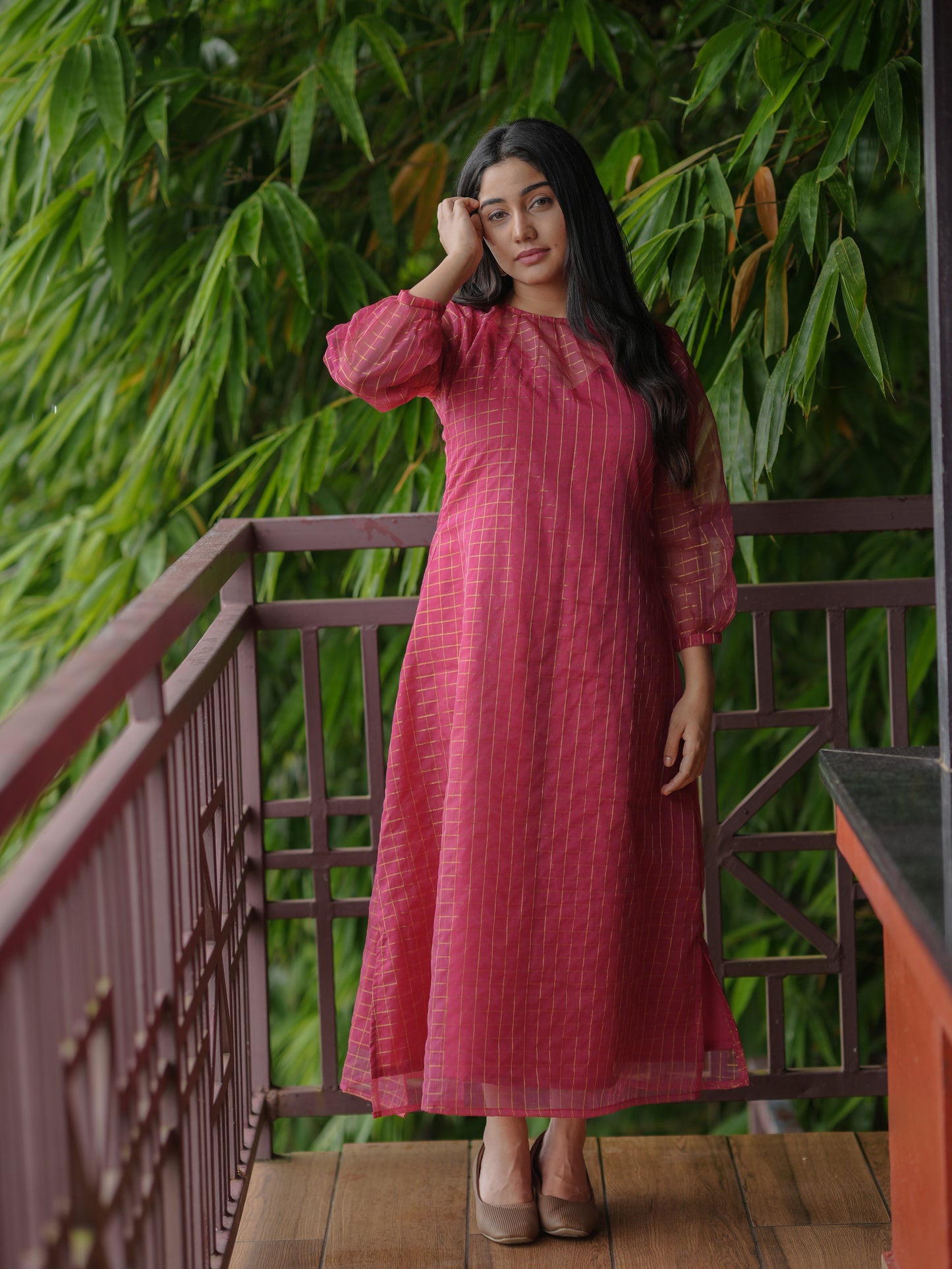 Golden checked organza kurti in rani pink shade MBS-618