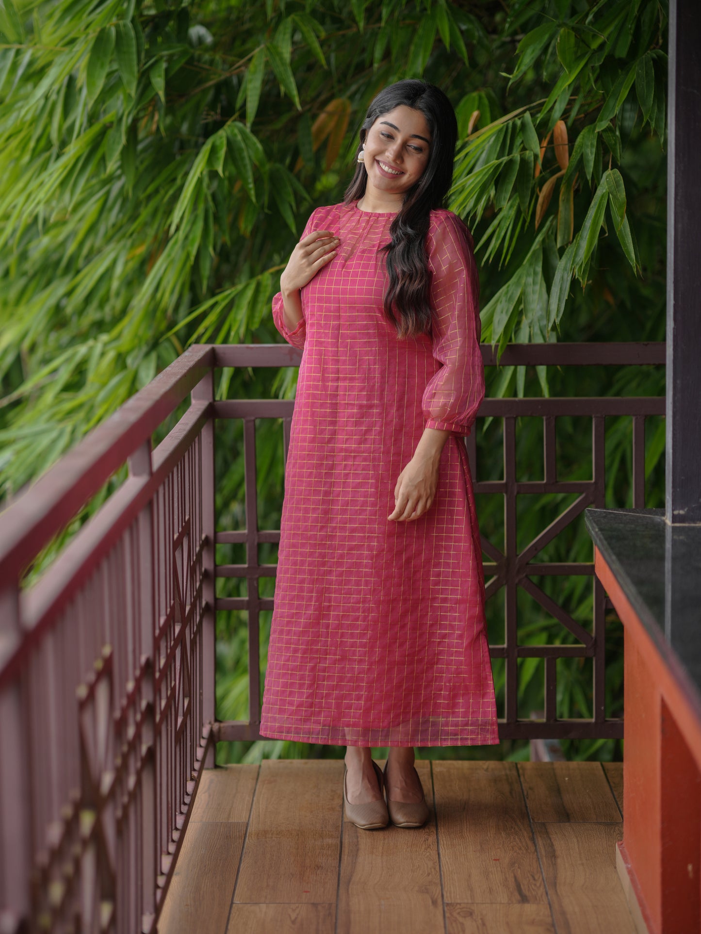 Golden checked organza kurti in rani pink shade MBS-618