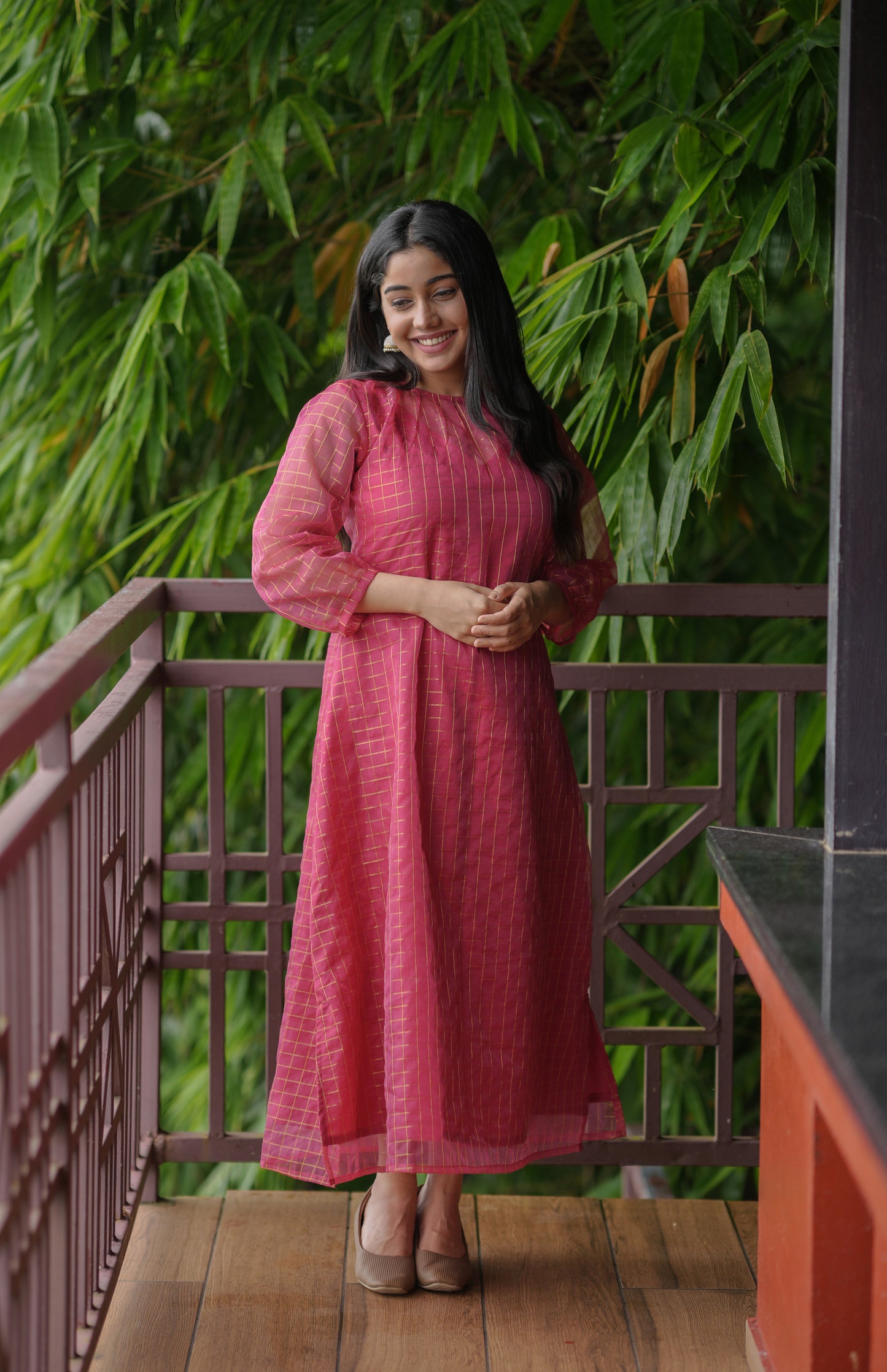 Golden checked organza kurti in rani pink shade MBS-618