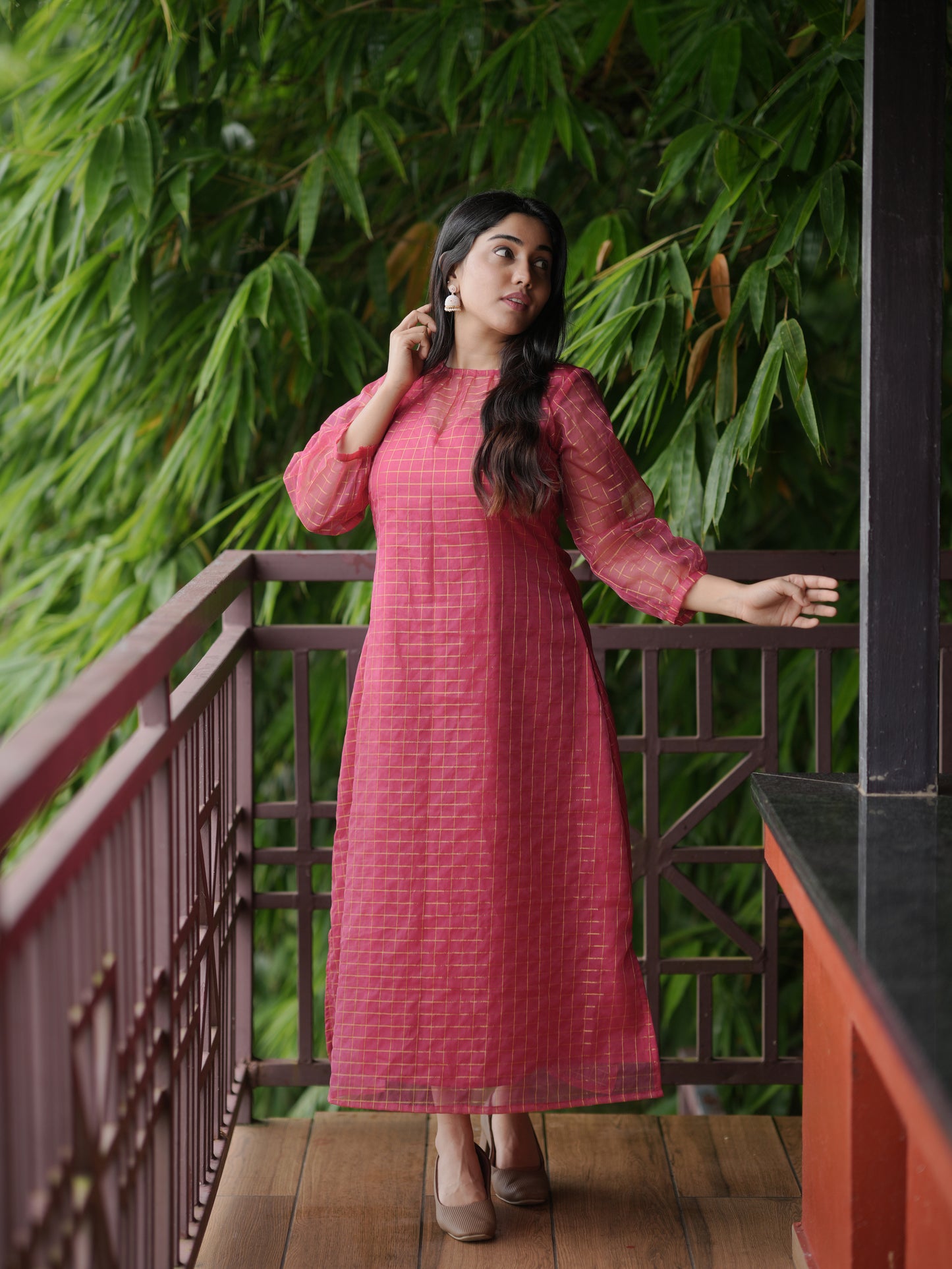Golden checked organza kurti in rani pink shade MBS-618