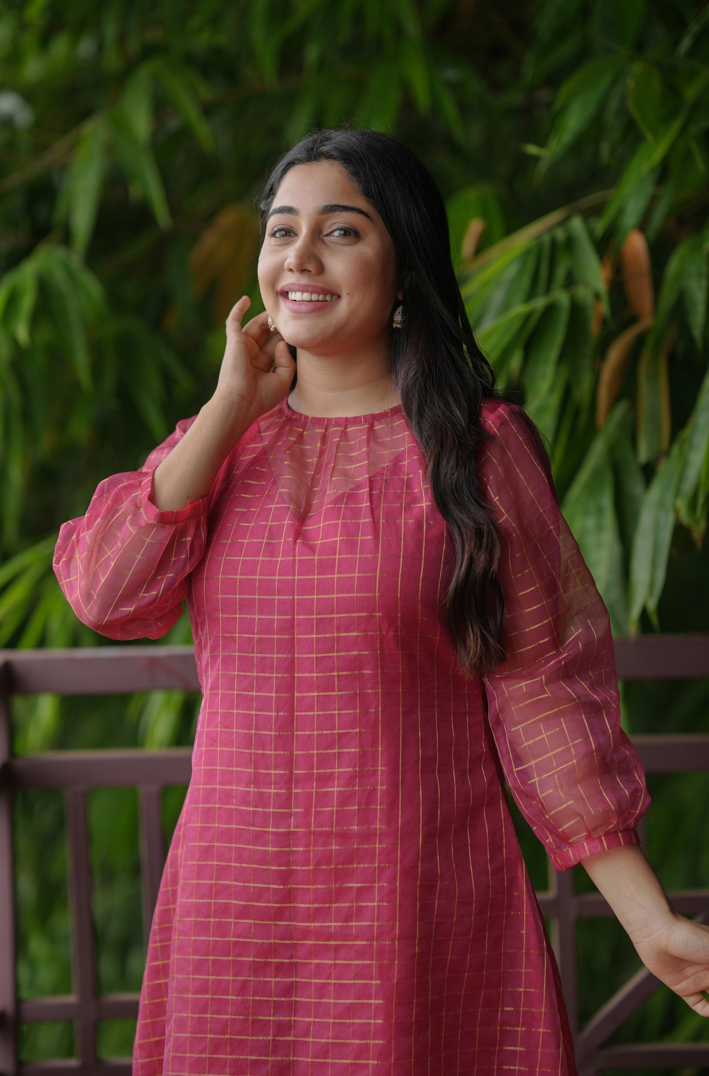 Golden checked organza kurti in rani pink shade MBS-618