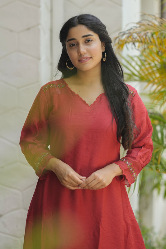 Red viscose organza kurti with scalloped neckline and handwork detailings on shoulder and sleeves MBS-706