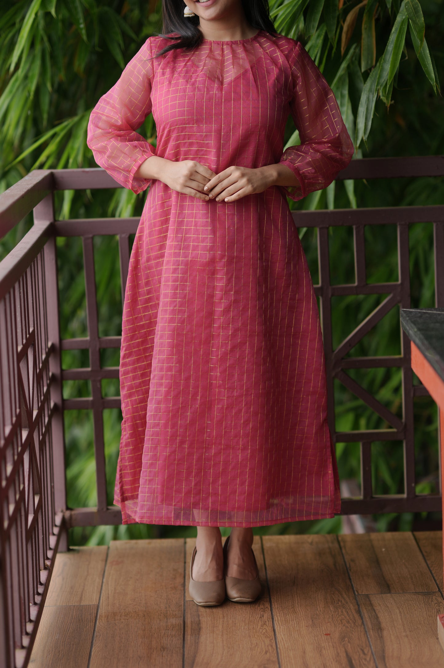 Golden checked organza kurti in rani pink shade MBS-618