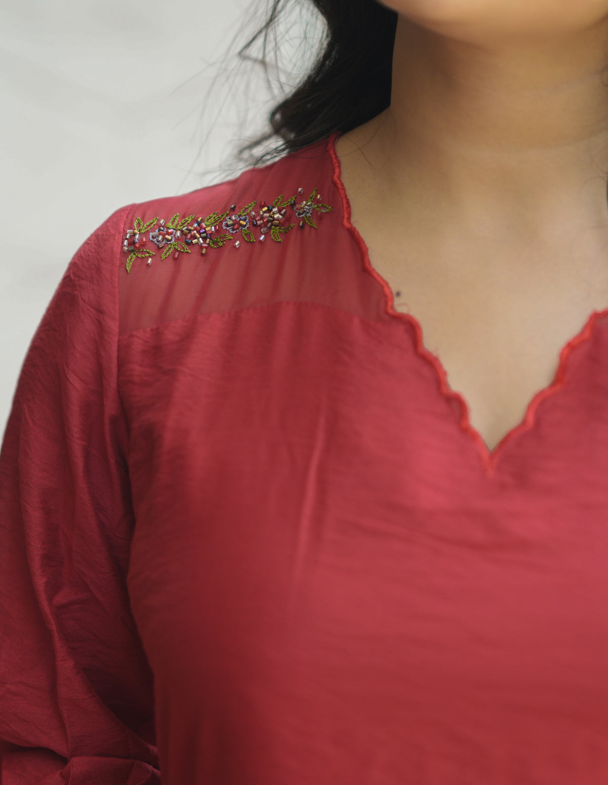 Red viscose organza kurti with scalloped neckline and handwork detailings on shoulder and sleeves MBS-1056 **last piece sale**