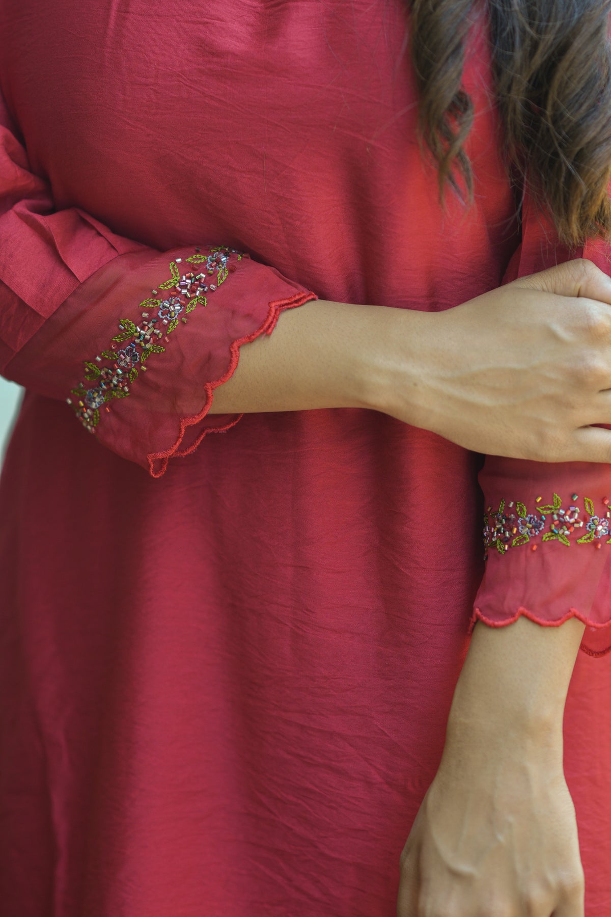 Red viscose organza kurti with scalloped neckline and handwork detailings on shoulder and sleeves MBS-1056 **last piece sale**