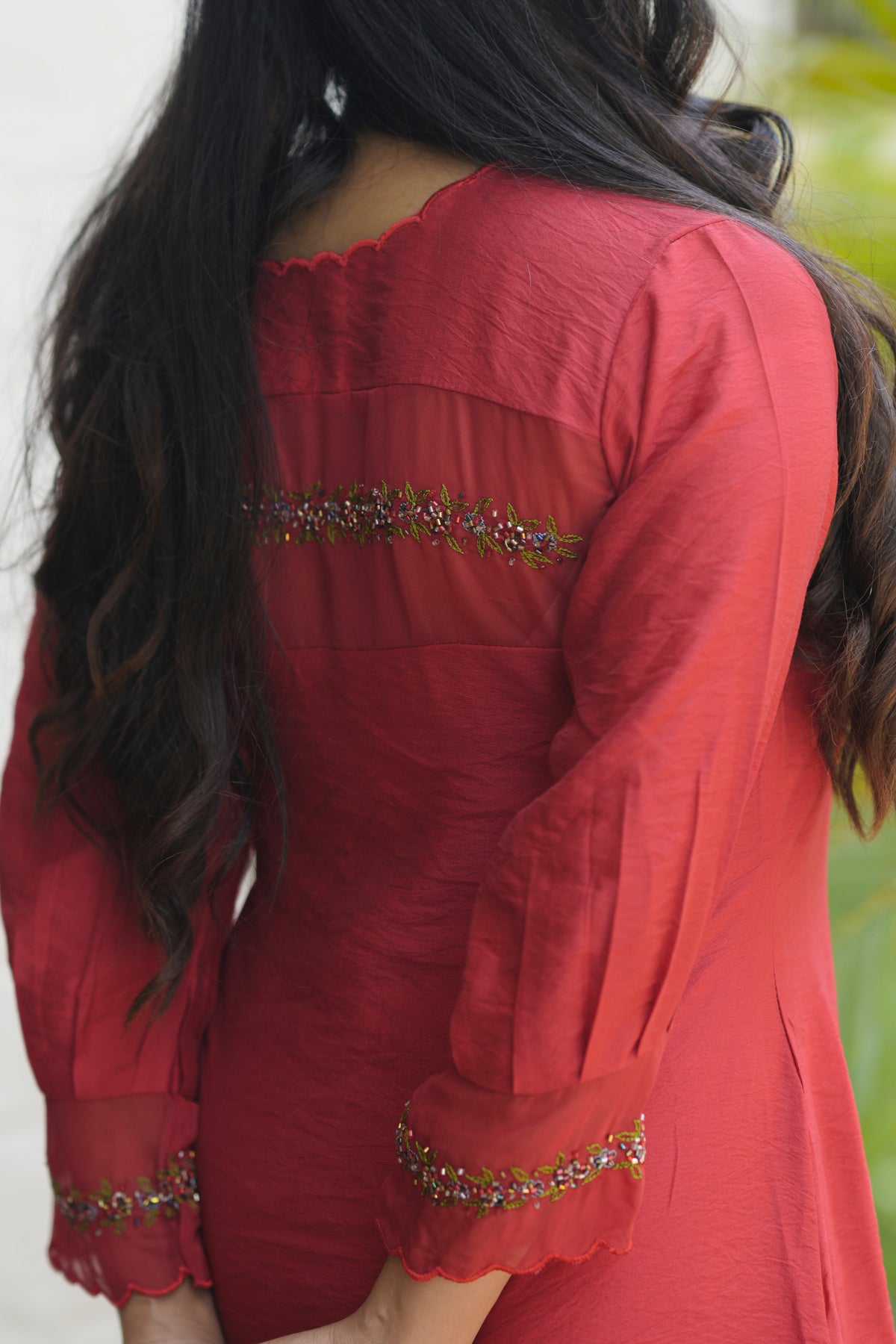 Red viscose organza kurti with scalloped neckline and handwork detailings on shoulder and sleeves MBS-1056 **last piece sale**