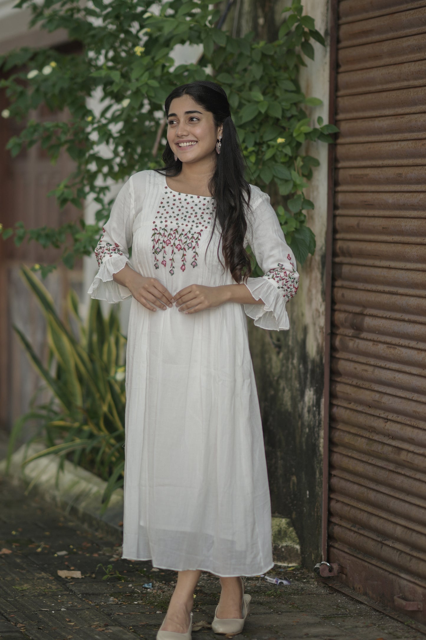 White soft pure mul cotton kurti with handworked yoke and sleeves MBS-695