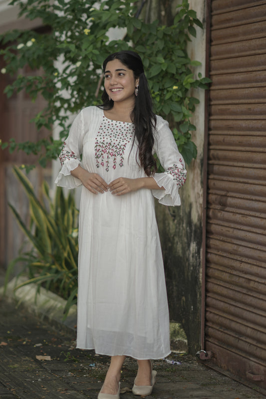 White soft pure mul cotton kurti with handworked yoke and sleeves MBS-695