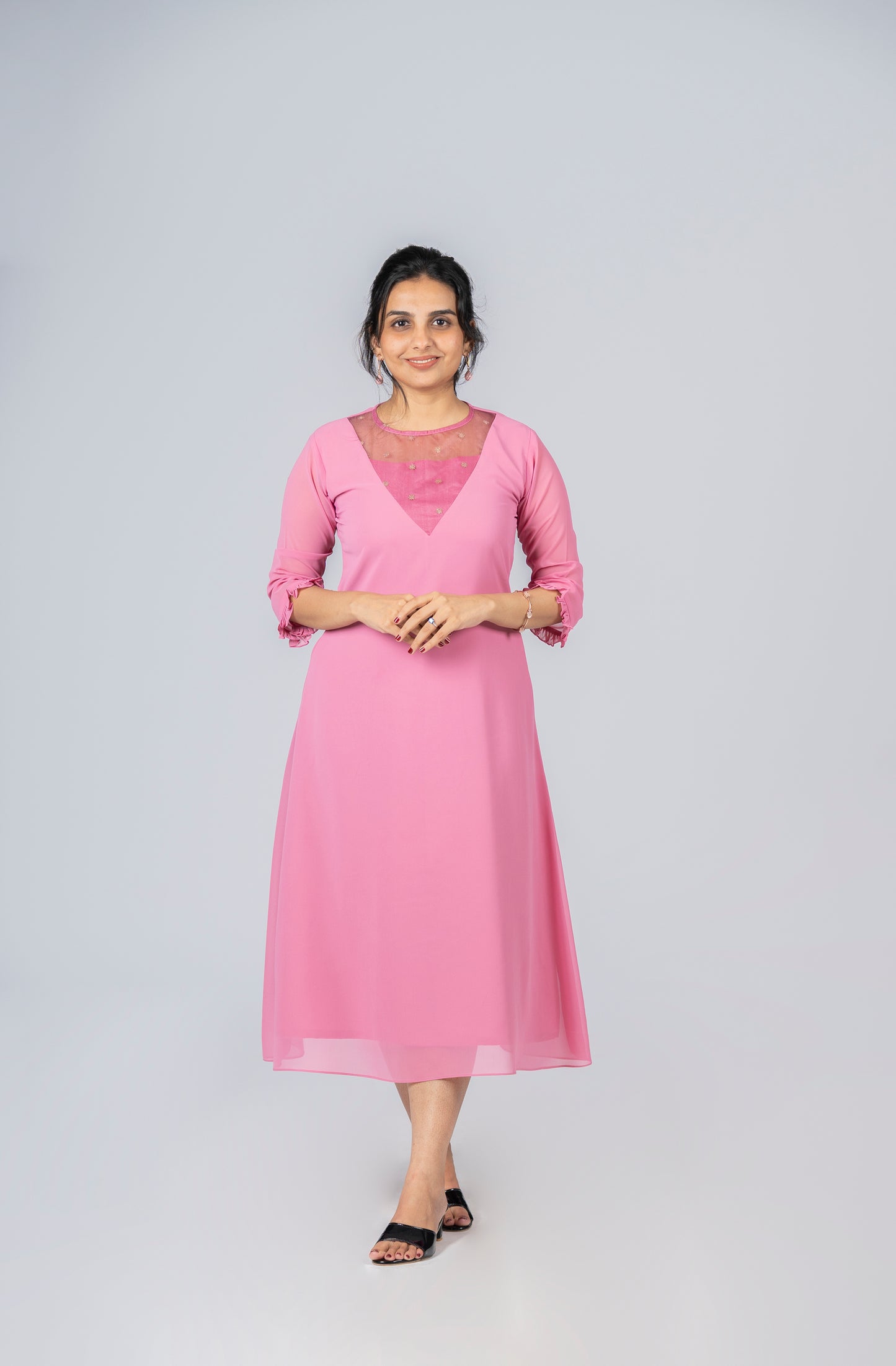 Pastel pink georgette A-line kurti with sequenced organza yoke MBS-272