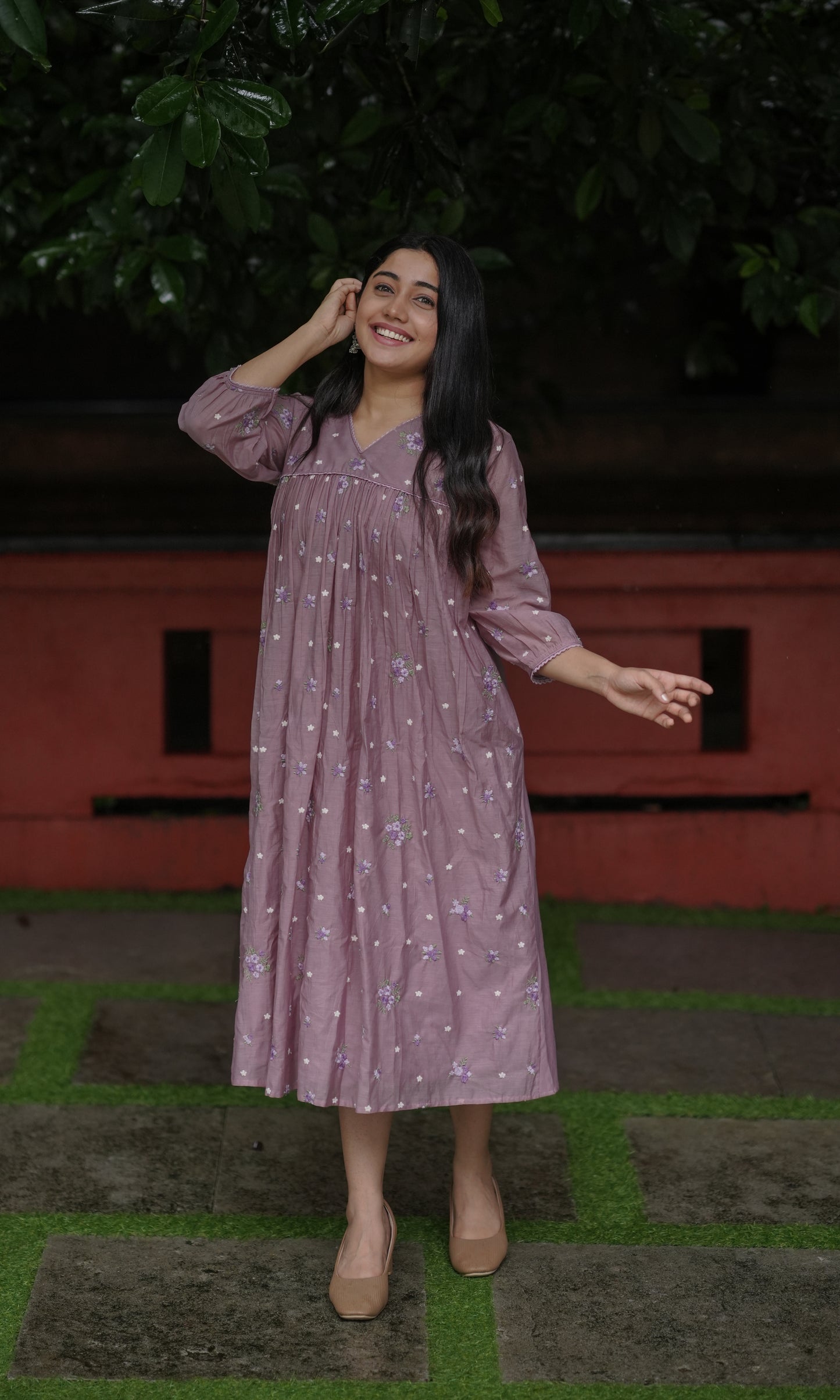 Mauve shaded chanderi Aline dress/kurti with self threaded floral embroidery MBS-735